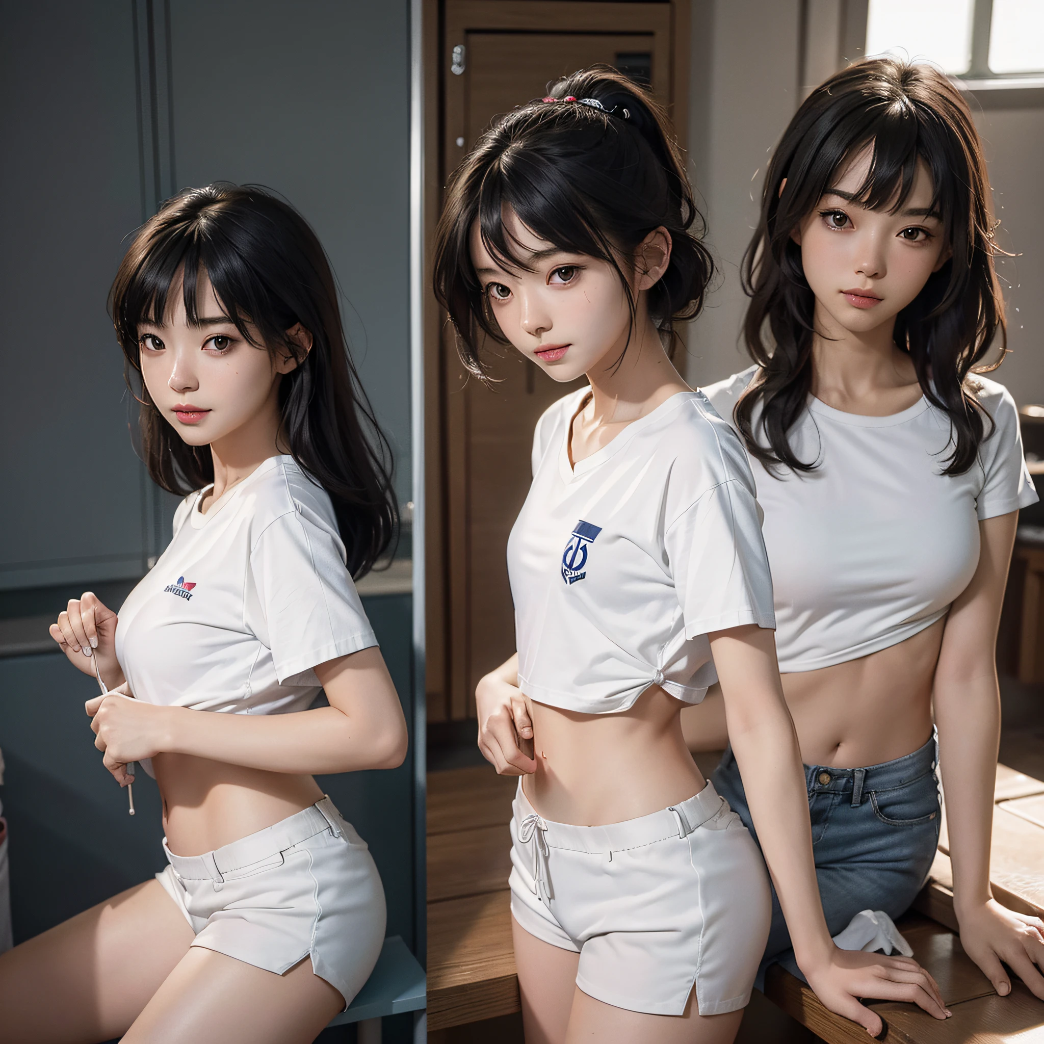 (Masterpiece, high quality), (Multiple Girls,) School locker room, (white panties), white t-shirt, Change of clothes, Low - Angle, Wide-angle, bright, white, Soft Light