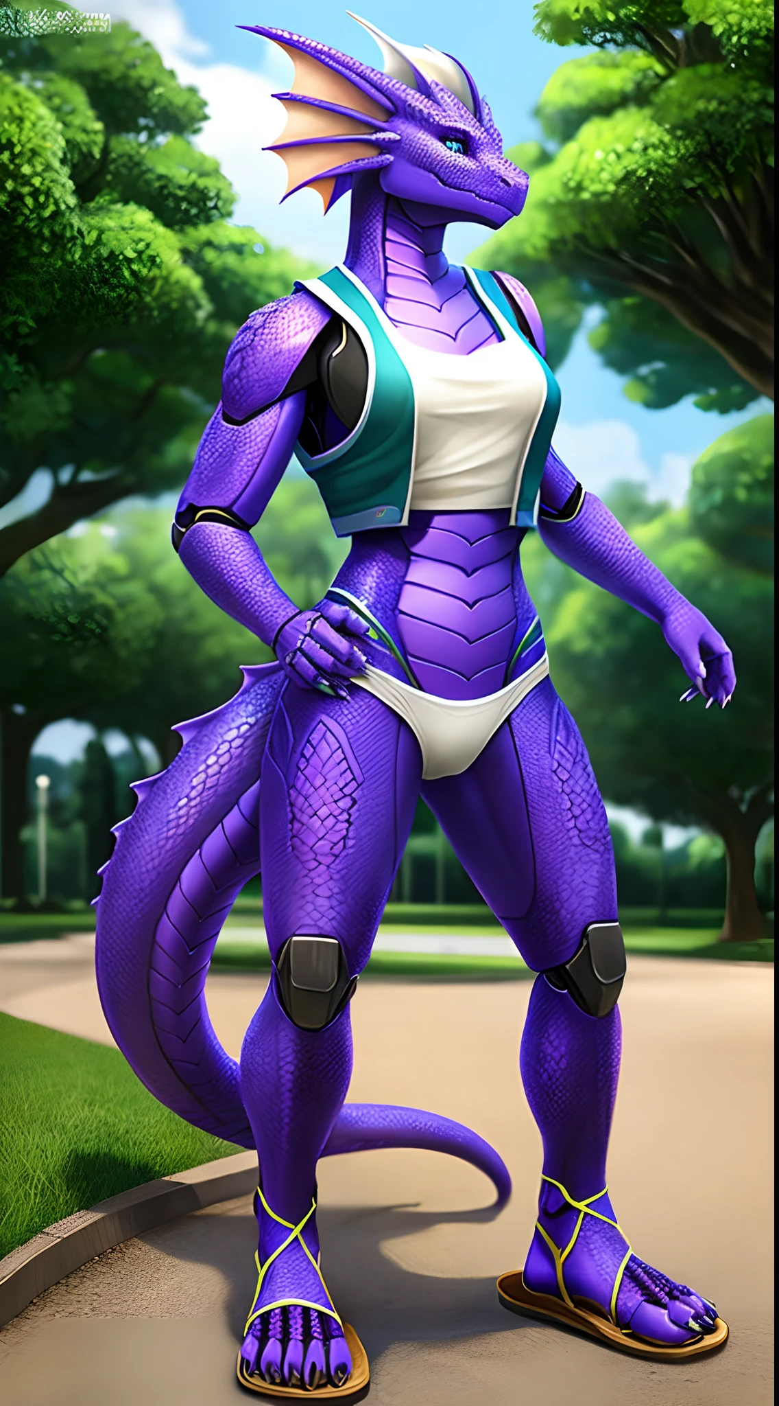 Simulation robot mother dragon ，Purple back，Blue belly，Wear a white sleeveless vest，white  panties，sandals，Claw feet，head fins，Standing in the park，Clear eyes，Realistic simulation，Delicate scales，High depth of field，perfect pubic，Extreme realism，Super detailed，nigth，Comfortable and relaxing posture，