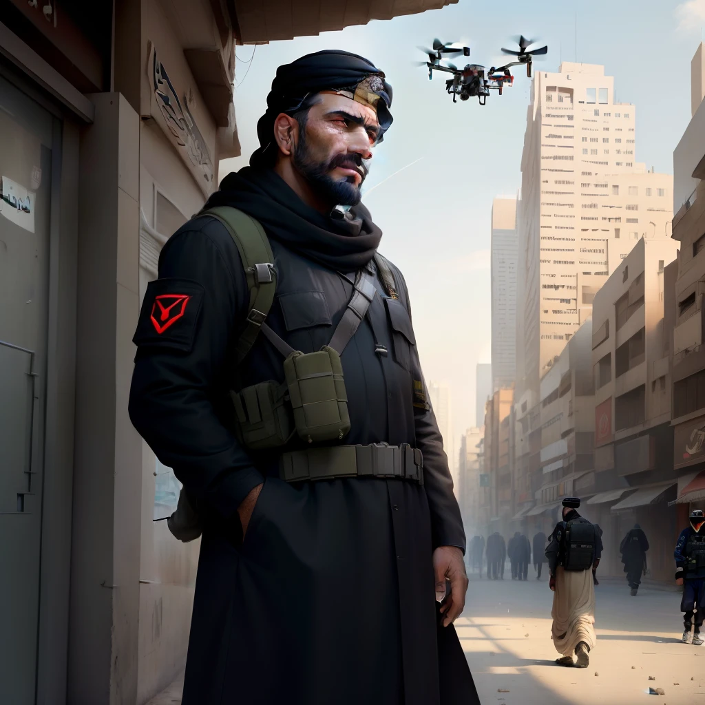Arabic Man in city filled with war watching a kid get hit by a drone strike while the Arabic Man has a bomb strapped to his chest