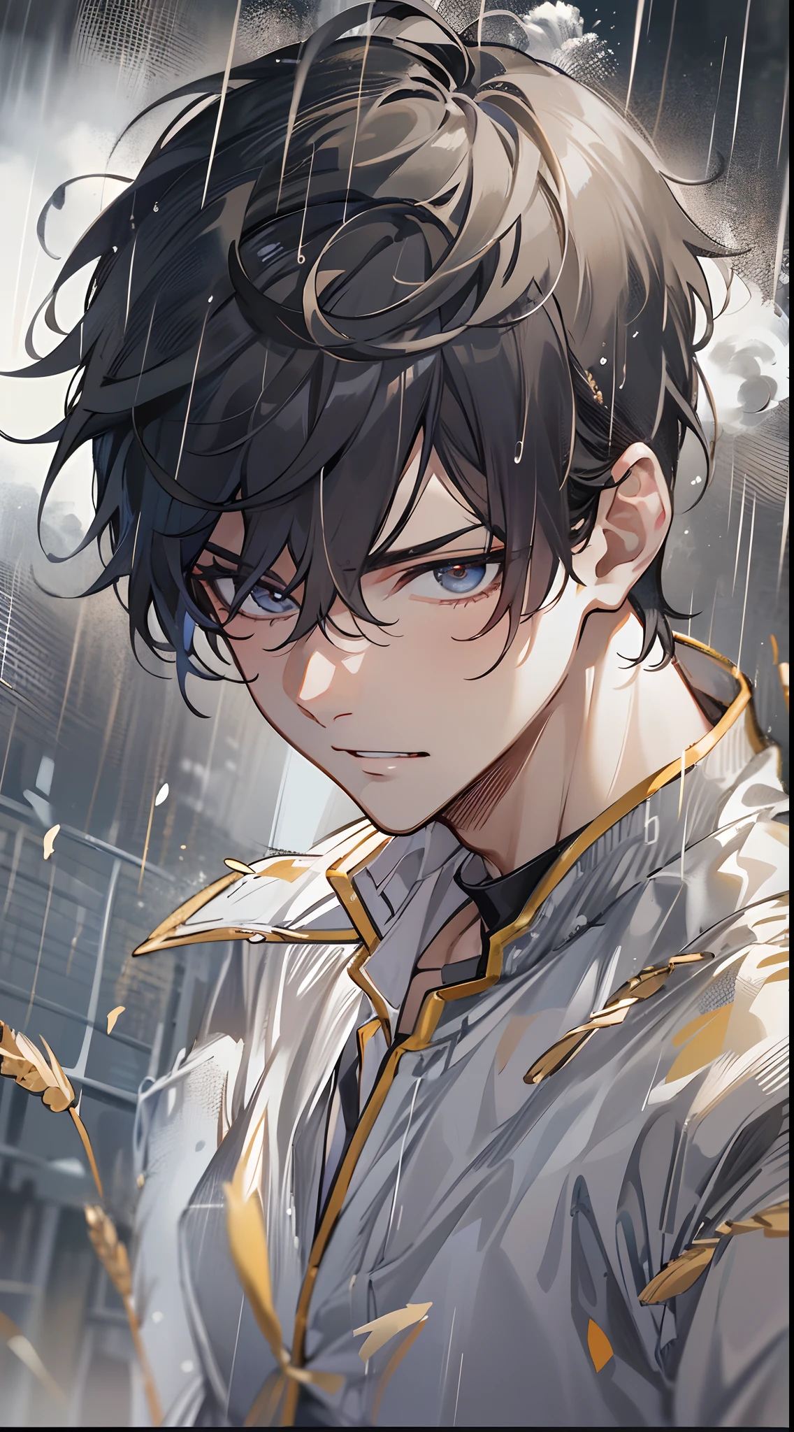 tmasterpiece,Need,超高分辨率,shoun,(with short black hair),Handsome man,Wheat-colored,Physical Education Student,Walk in the rain,glomy,((The wind blows up clothes))