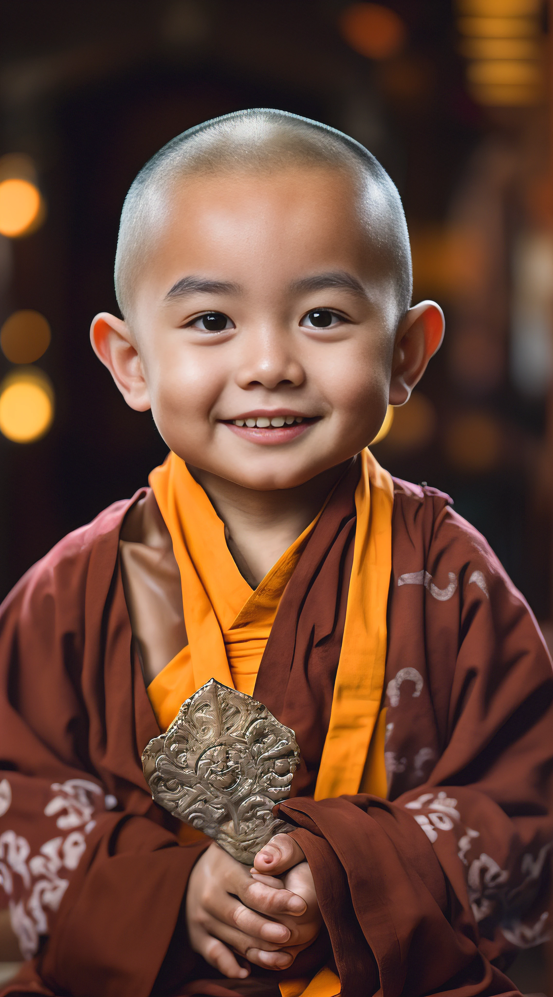 A young monk dressed in a monk's robe,had his hands folded,sit with legs crossed,Smile at the camera