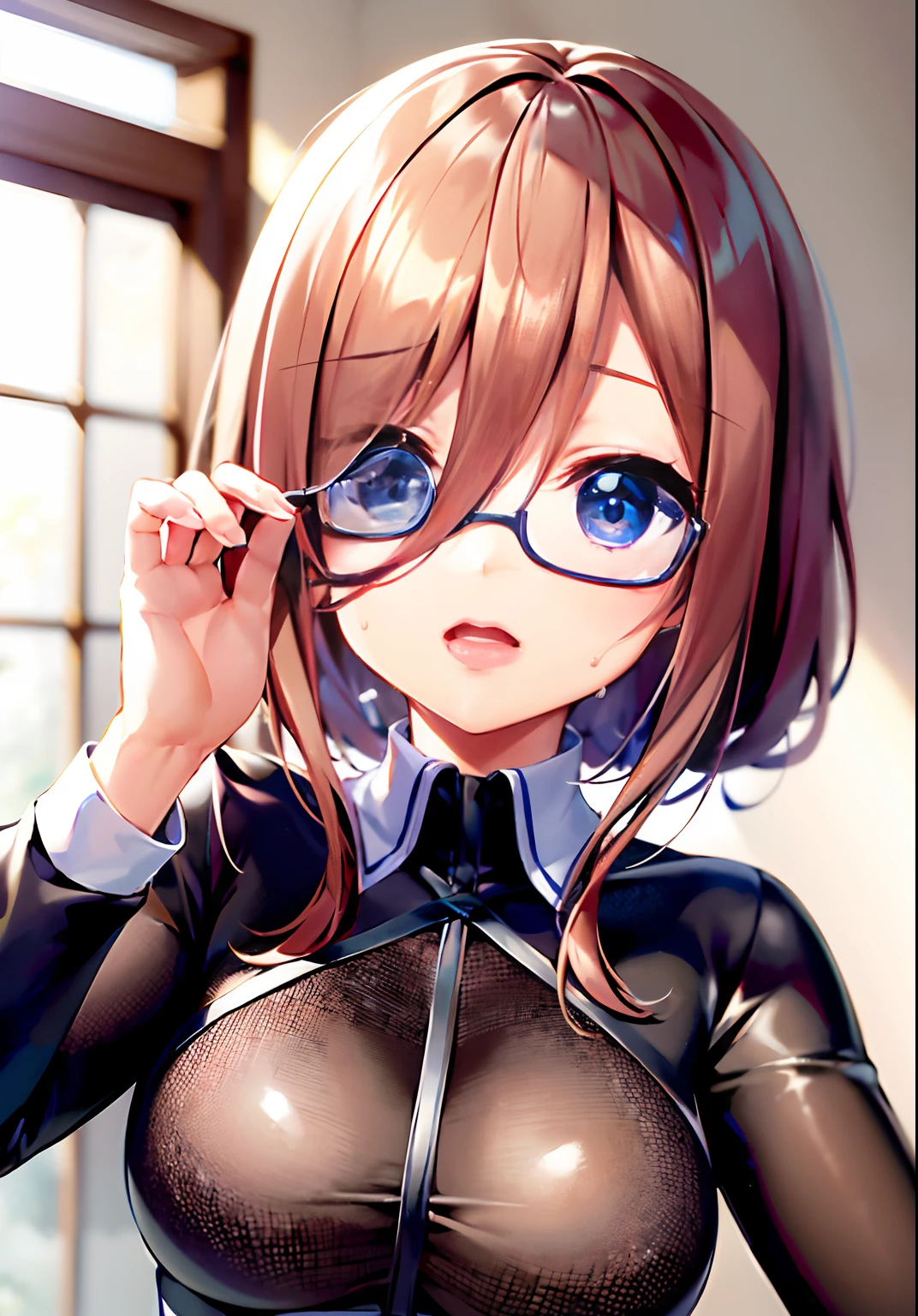 top-quality、eye glass(1:6)、Full-length images of the highest quality、Highly detailed anime super detail、masterpiece、tre anatomically correct、Detailed hand、(eye glass:1.6)、8K、I love my tides、Upper line、High School Uniform、Sweat profusely、Kiss Face、Moisturizing skin、(eye glass:1.3)、Detail Eye、NSFW、Lustrous hair、、Frontal view、