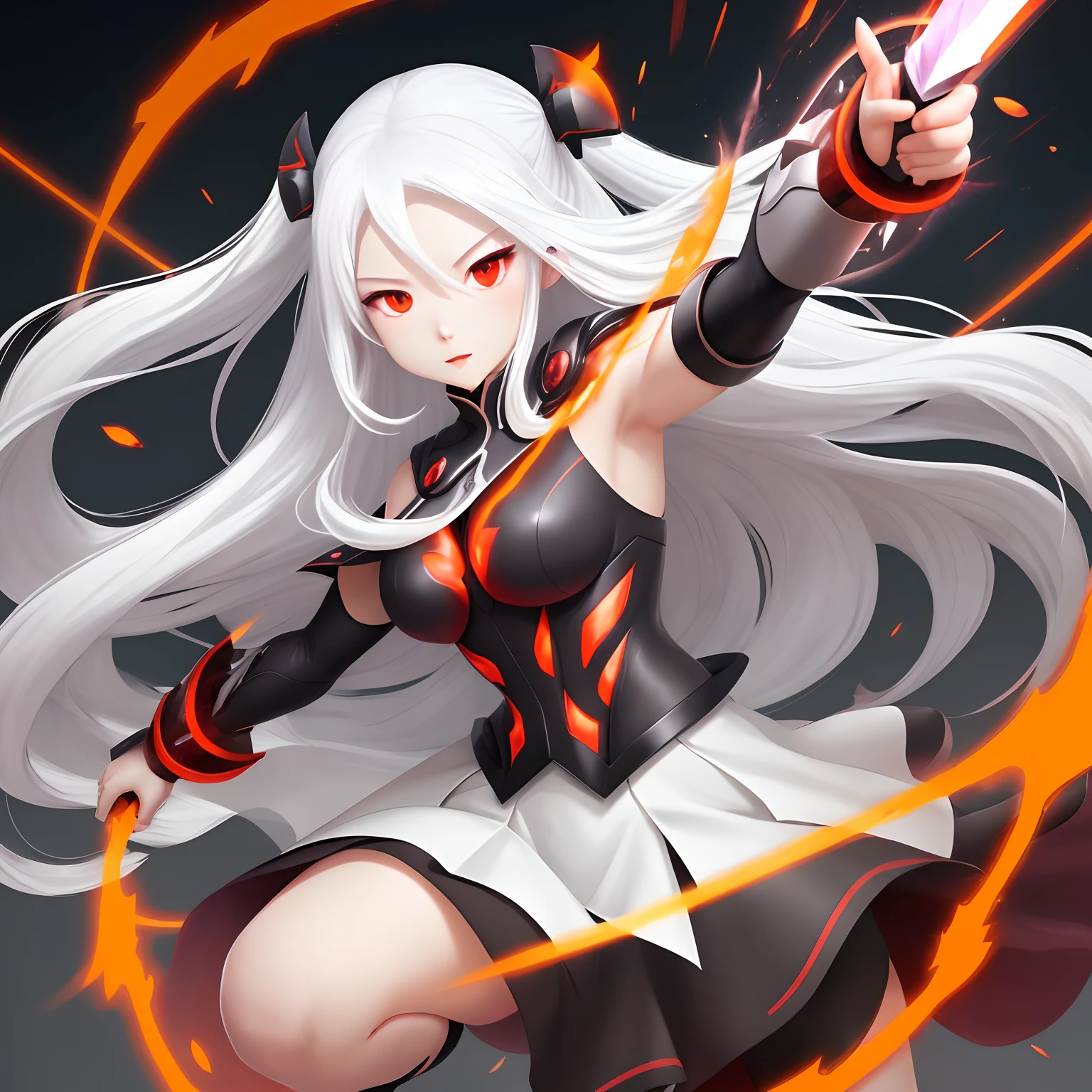 Magma body, female, long white hair, elegant dark grey skirt , dynamic pose, carying magma covered blade, magma ki