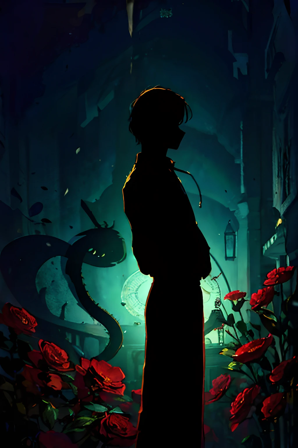 (best quality, high resolution, ultra-detailed, realistic: 1.37), silhouette of a man holding a striking pocket watch, surrounded by flowers, snakes and darkness, illustrative rendering, intricate details, mysterious atmosphere, vibrant colors, dynamic lighting , Gothic style