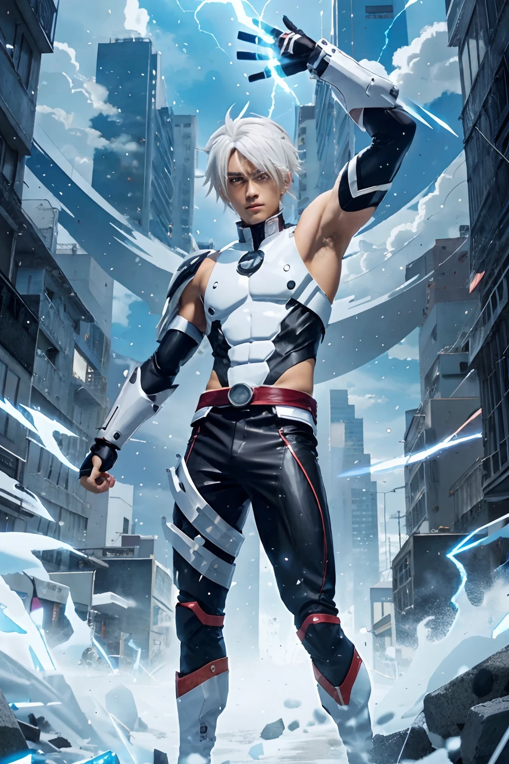 anime character with white hair and black body standing in a city, best anime 4k konachan wallpaper, badass anime 8 k, an epic anime of a energy man, tall anime guy with blue eyes, male anime character, 4k anime wallpaper, 4 k manga wallpaper, anime art wallpaper 4k, anime art wallpaper 4 k, anime style 4 k