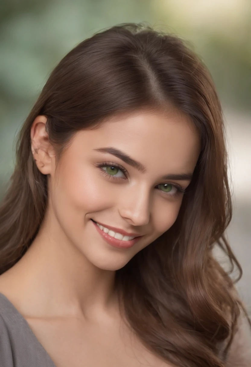 A photo of a beautiful Latino woman , 21 years old, 133 pounds, 5.41 feet tall, Light brown straight hair, Light green eyes, tanned, 6 1/2 shoes, wearing casual cloths, She looked into the camera,With a mischievous smile on his face, She looks confident and,Upper body photo,Smile with teeth bared
