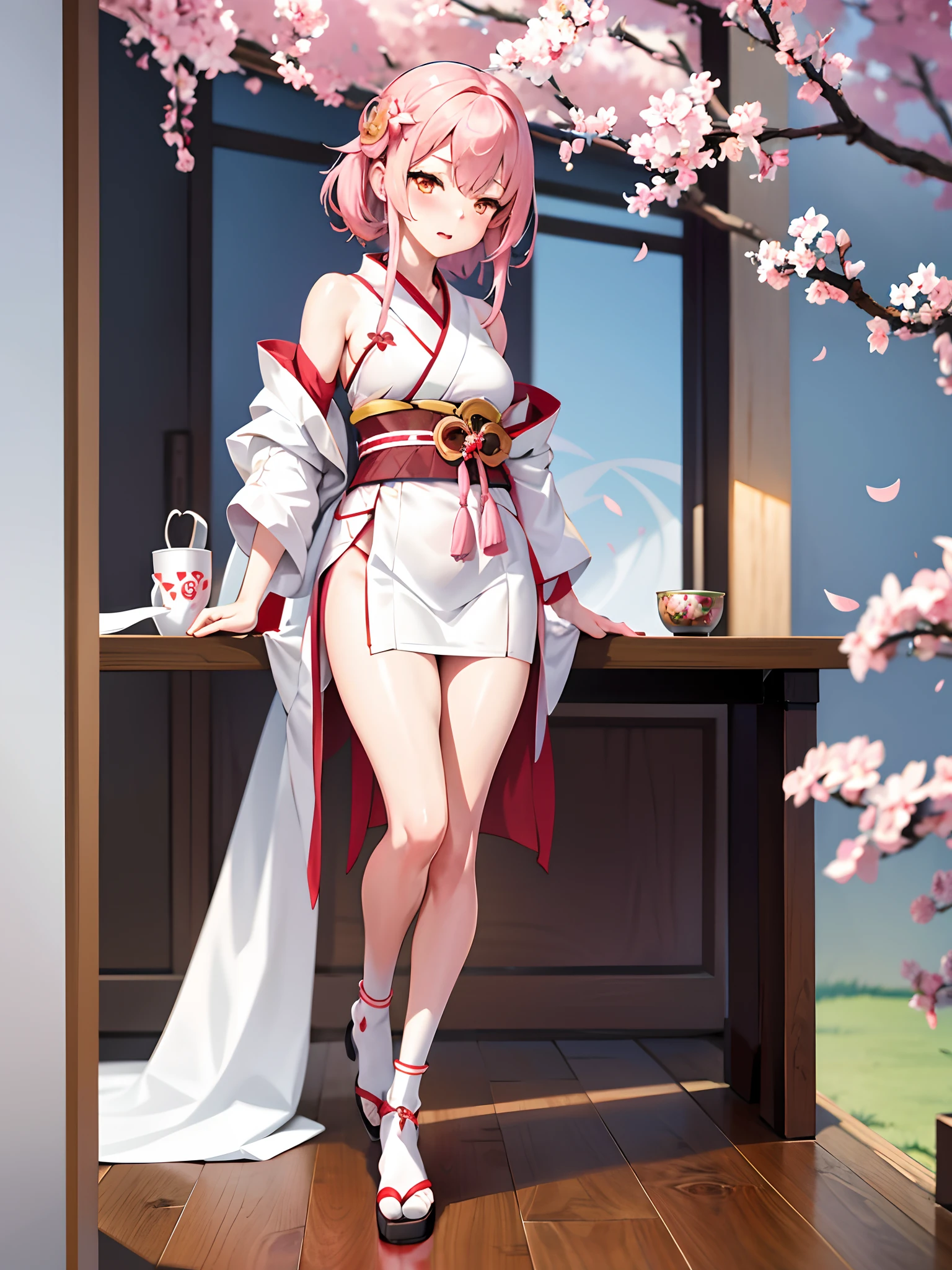 Anime girl standing on wooden floor in a room in a kimono, sakura petals around her, Kantai collection style, Sakura Haruno, in dress, cute anime waifu in a nice dress, from girls frontline, shikamimi, offcial art, full body portrait of a short!, Kushatt Krenz Key Art Women, Splash art anime Loliur lane style