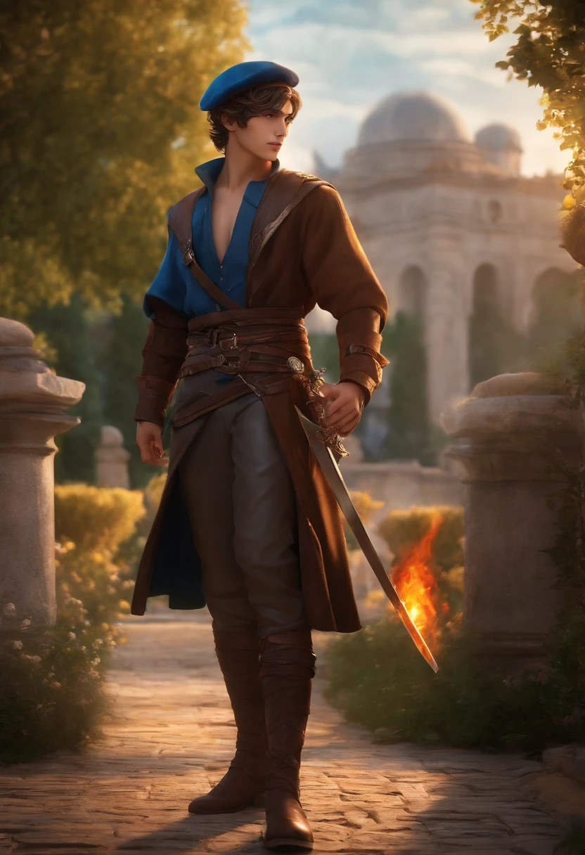 Anime Handsome Boy Realistic Face、8K Ultra、fully body photo、Blue beret、Long brown T-shirt、Leather cloak、Gray protector、Gray boots、Greek palaces、Holding a sword and a card、Magic flames are burning、