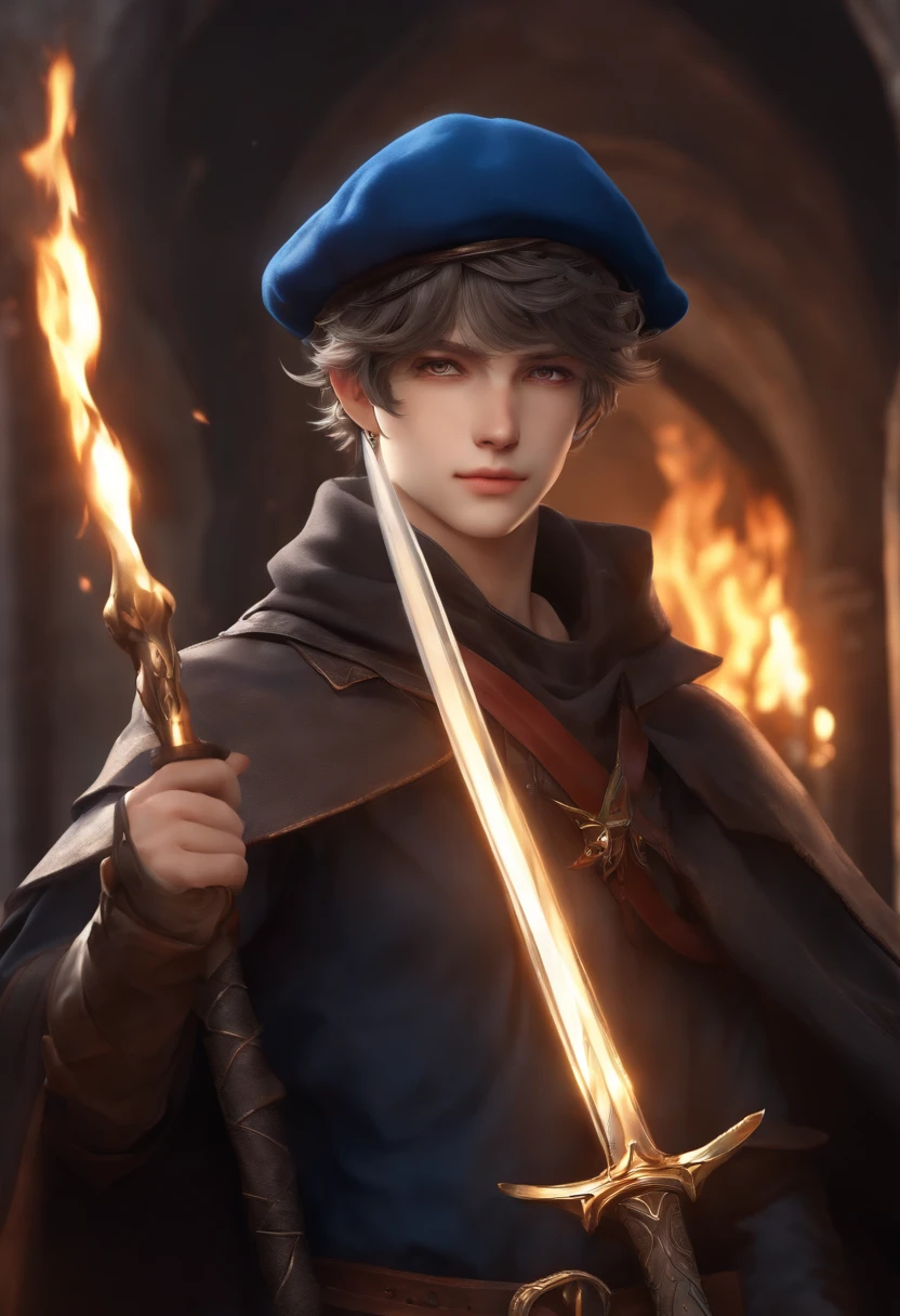 Anime Handsome Boy Realistic Face、8K Ultra、fully body photo、Blue beret、Long brown T-shirt、Leather cloak、Gray protector、Gray boots、Greek palaces、Holding a sword and a card、Magic flames are burning、