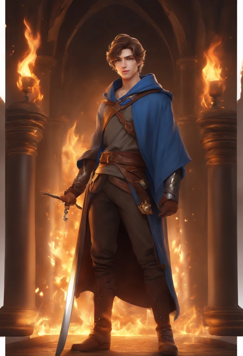 Anime Handsome Boy Realistic Face、8K Ultra、fully body photo、Blue beret、Long brown T-shirt、Leather cloak、Gray protector、Gray boots、Greek palaces、Holding a sword and a card、Magic flames are burning、