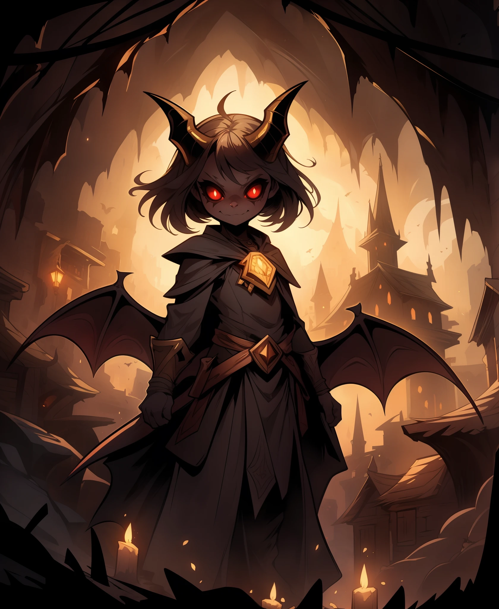 evil small adorable bat demon with golden horns, living in a cave,
2D comic illustration,
anime fantasy,
fine-inked Thick-outlines,
cel-shaded,
contour,
mysterious,
Dark,
by alphonse mucha,
Town of Salem 2,
darkest dungeon,
iratus:lord of the dead