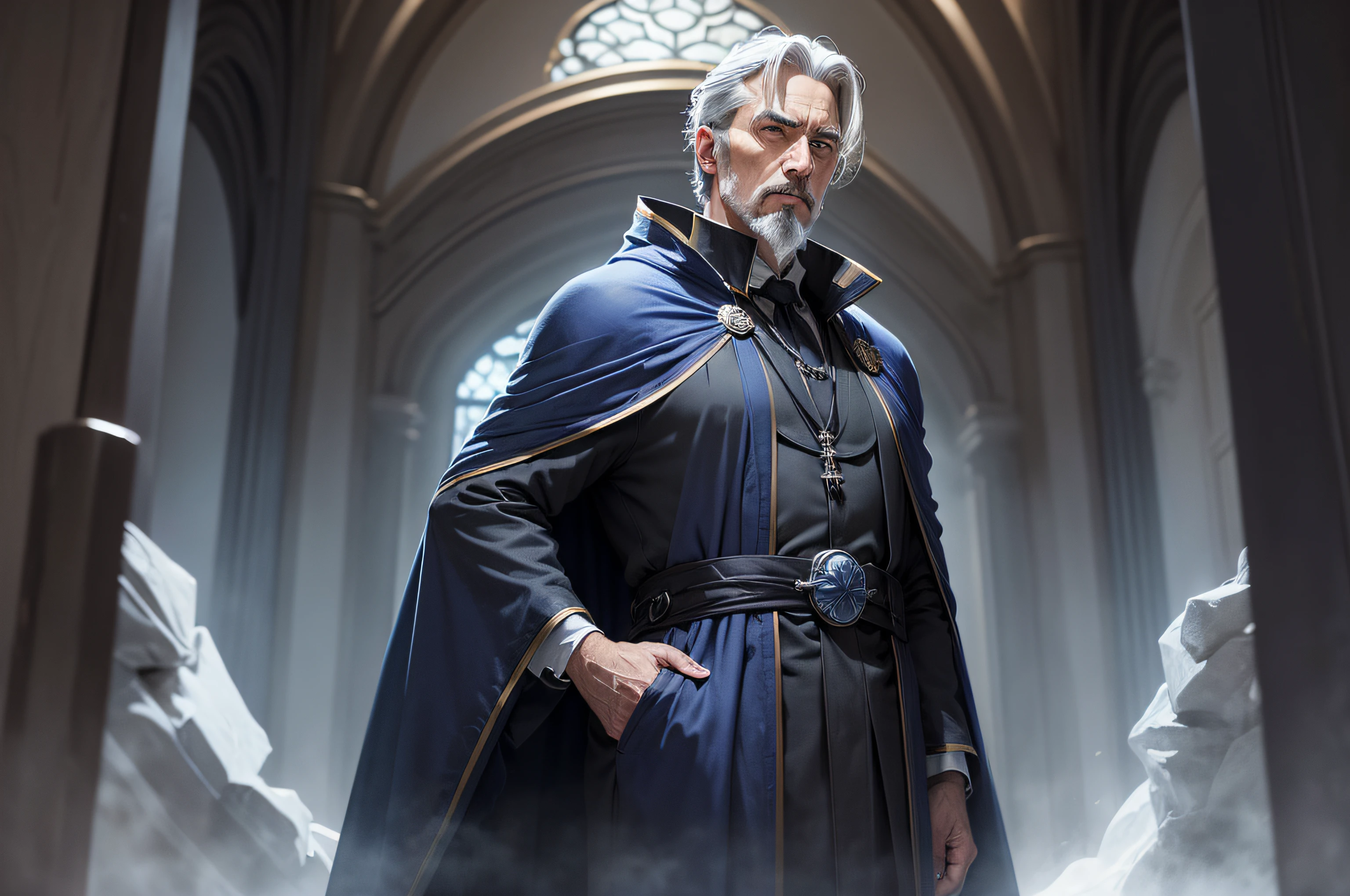 a noble middle-aged man with gray hair and a goatee wearing dark blue robes and a gray cape