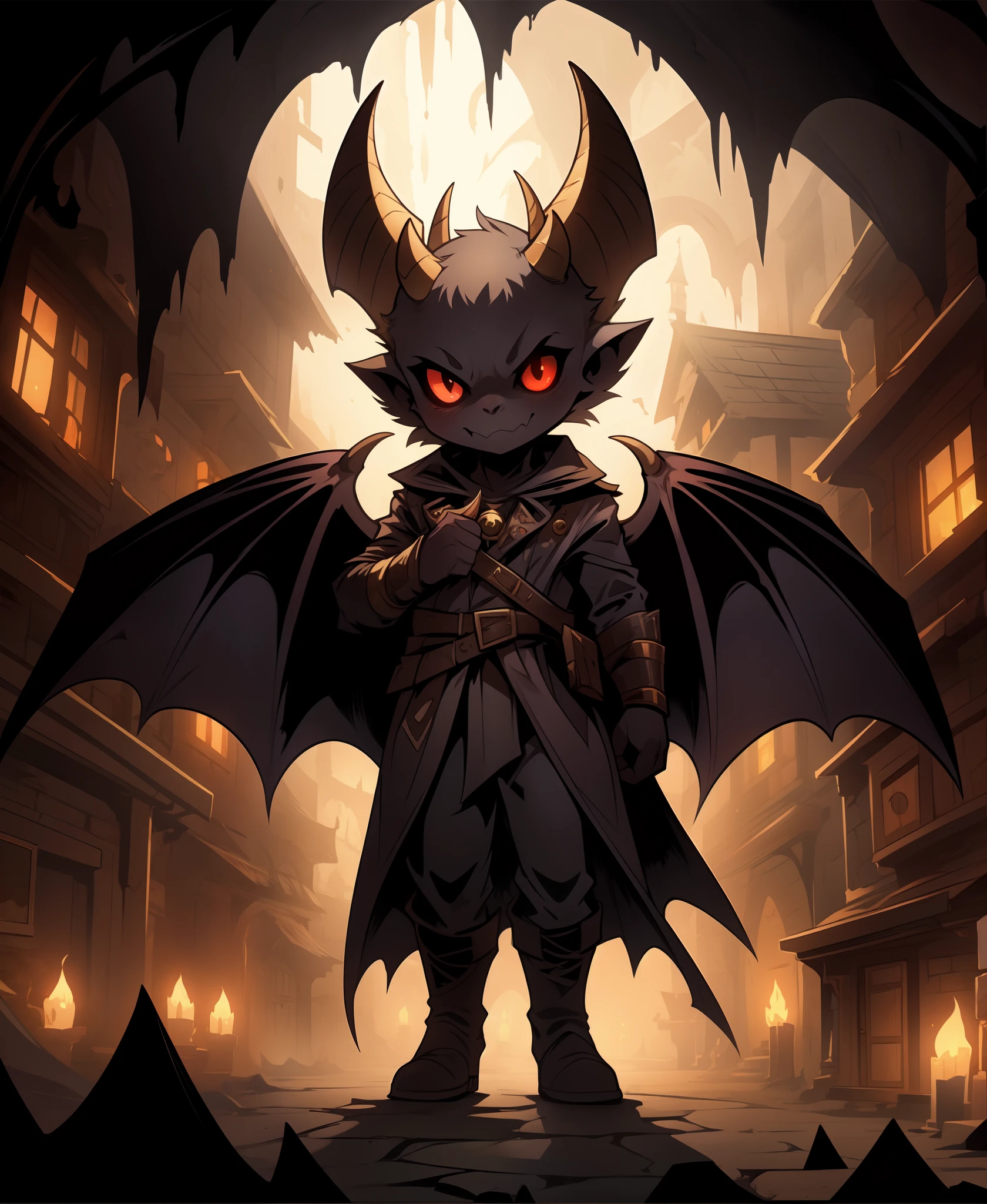 evil small adorable bat demon with golden horns, living in a cave,
2D comic illustration,
anime fantasy,
fine-inked Thick-outlines,
cel-shaded,
contour,
mysterious,
Dark,
by alphonse mucha,
Town of Salem 2,
darkest dungeon,
iratus:lord of the dead