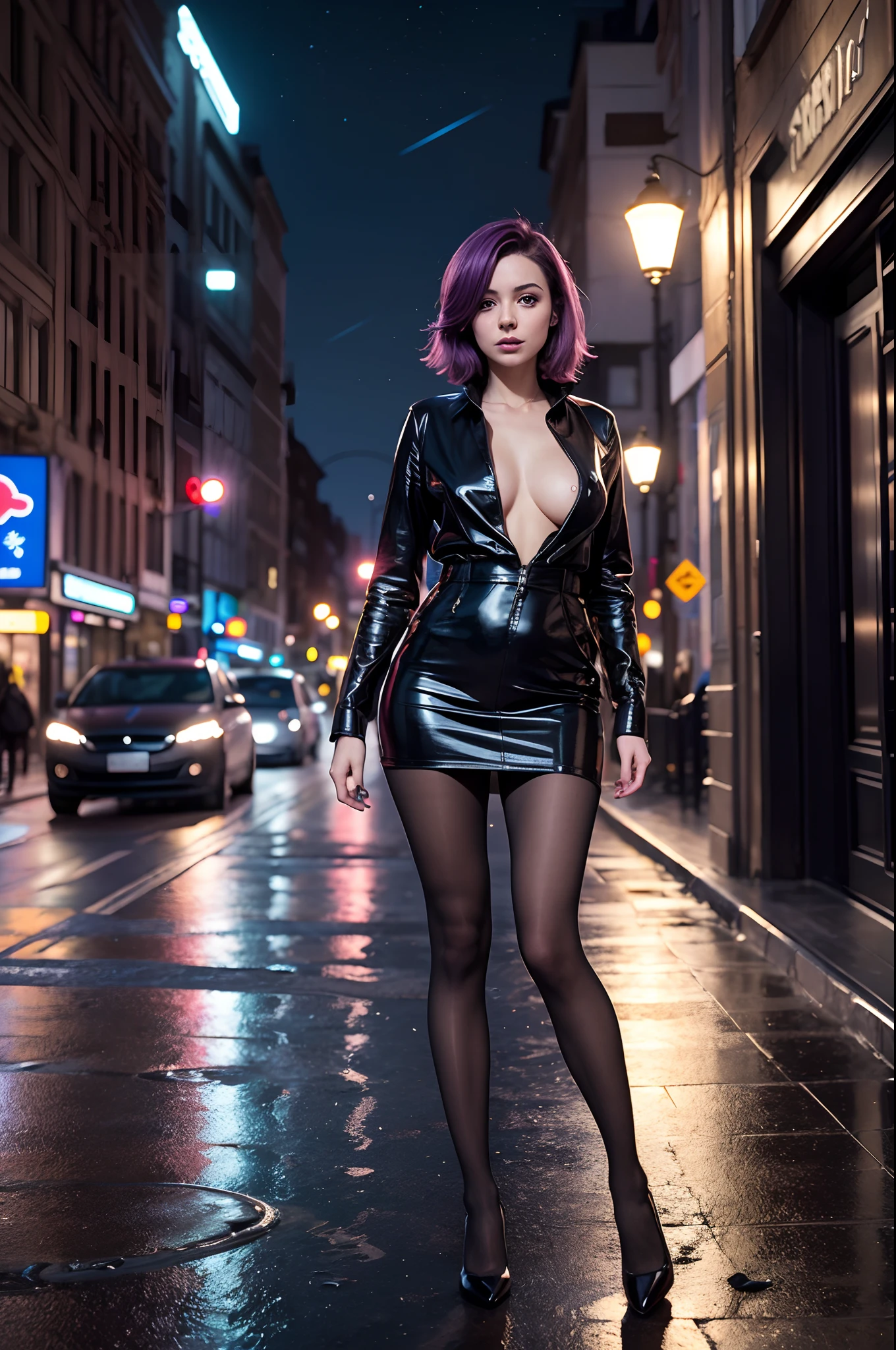 (1girl), masterpiece, photorealistic, 8k, (realistic: 1.2), full body, looking at viewer, pantyhose, purple hair, (kafka: 1.2), walking, beauty, (medium breasts: 1.2) night, night sky, city, cityscape, rain, (dramatic: 1.2)
