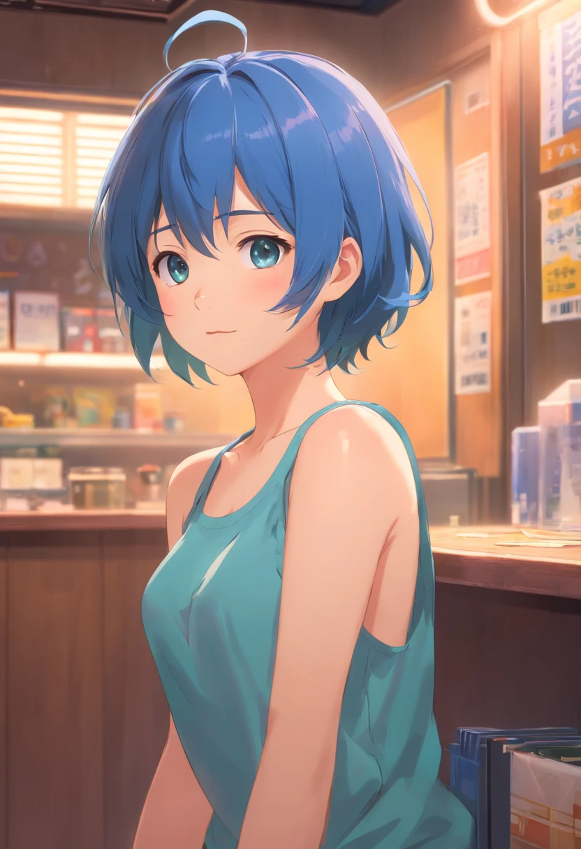 The best quality, high-resolution, مفصلة 4K CG, 巨作, Amazing art, delicate details, highly detail, complex details, Short blue hair, Girly feeling, Pure desire, lovely, Young and beautiful,Beauty with pubic hair,Navel exposing,Shy girl,small chest,Untidy clothes