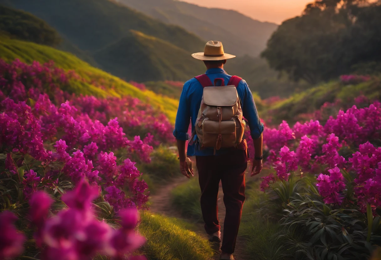 Create sharp, realistic 8k photos. A small Asian man was far away on the horizon, carrying a backpack, leaving behind behind him were small, unique orchids of many colors, yellow, purple, red, pink, and white. In the distance is a road leading to the sunrise horizon