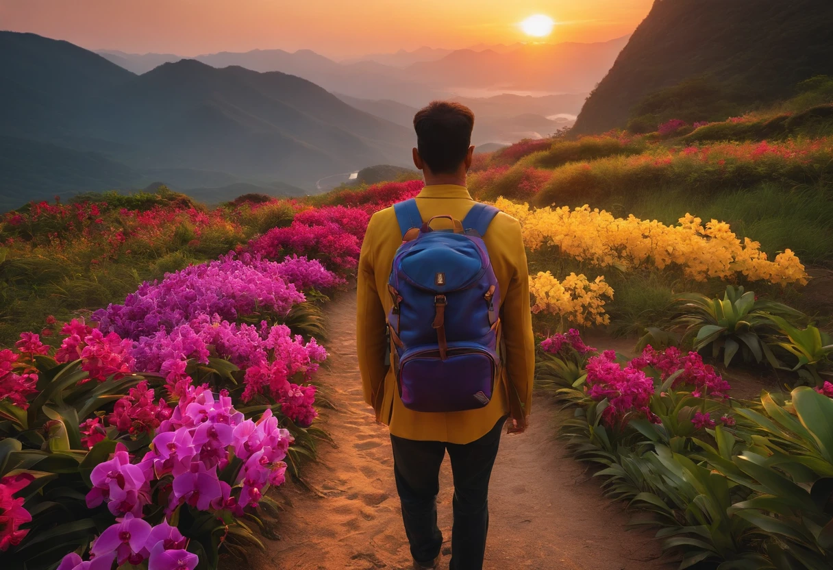 Create sharp, realistic 8k photos. A small Asian man was far away on the horizon, carrying a backpack, leaving behind behind him were small, unique orchids of many colors, yellow, purple, red, pink, and white. In the distance is a road leading to the sunrise horizon