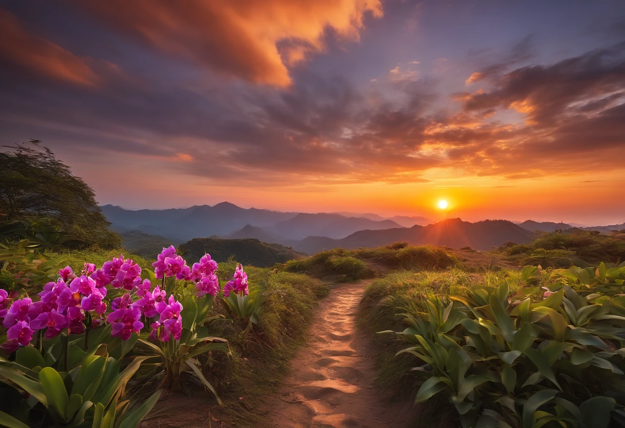 Create sharp, realistic 8k photos. A small Asian man was far away on the horizon, carrying a backpack, leaving behind behind him were small, unique orchids of many colors, yellow, purple, red, pink, and white. In the distance is a road leading to the sunrise horizon