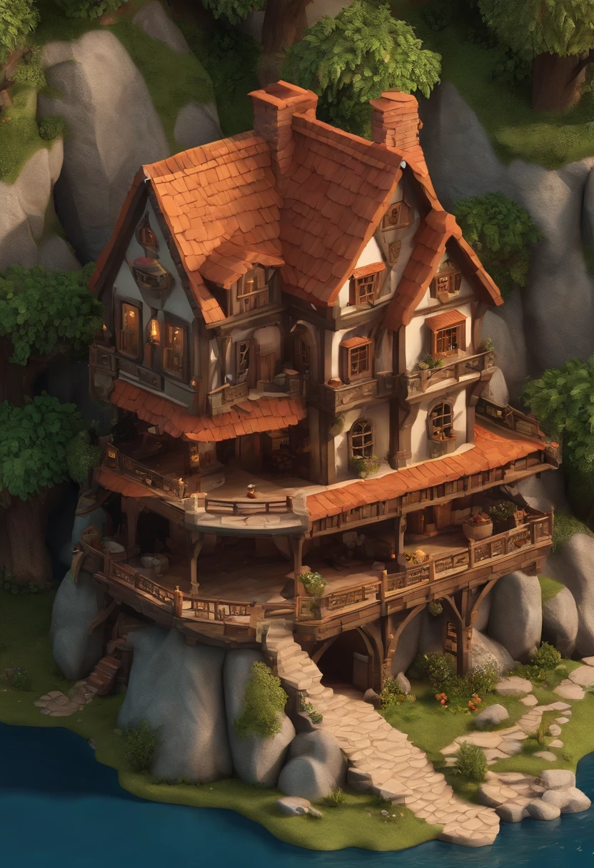isometric house, estilo rpg, caricaturas, dnd, fantasia, Mobile Game,homem primitivo,osso de animal,pedra,Madeira, suspenso no ar