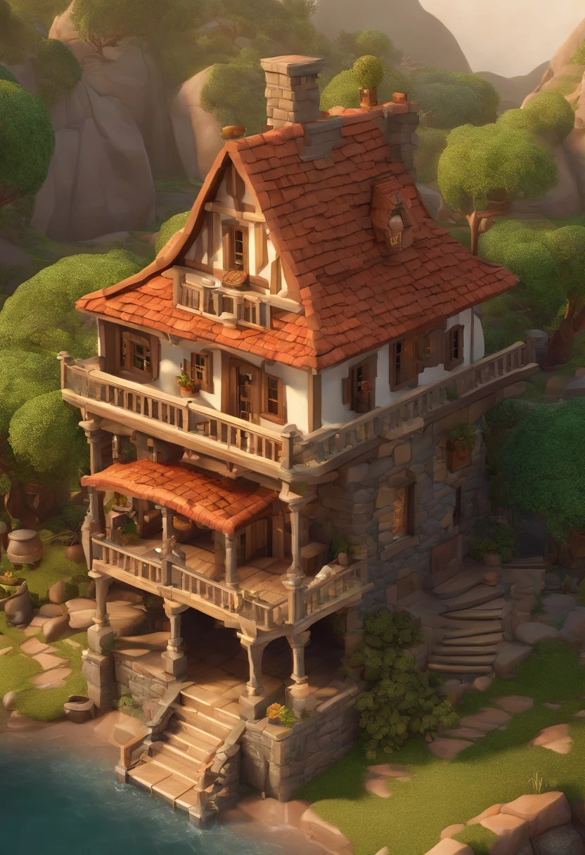 isometric house, estilo rpg, caricaturas, dnd, fantasia, Mobile Game,homem primitivo,osso de animal,pedra,Madeira, suspenso no ar