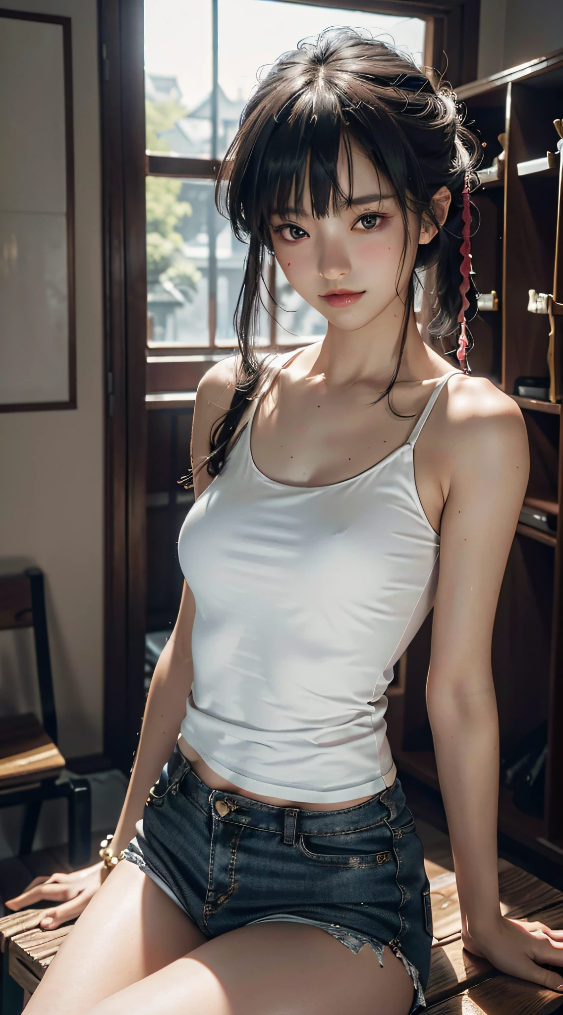 bestquality, (RAW photo: 1.2), (masterpiece: 1.4), (Realistic: 1.4), (high-res: 1.4), Chinese actress Guli Naza, Depth of Field, intricate detailed, 10, Very detailed, perfect lighting, Epic Background, Thai High School Uniform (masterpiece, 10, photorealistic portrait, RAW photo, bestquality, sharp: 1), (1girls, bara:1.1), high detail face, Exquisite Face, (realistic face), beautiful hairstyle, Realistic eyes, beautiful detail eyes, (Realistic skin), nice skin, ultra-high resolution, ultra realistic, high-detail, (pureerosface_v1:0.2), (Ready-made European s:1.2), (Japanese teenboys:0.7), (age is 18 years old, A Beautiful Girl:1.3), (loli:1.3h nose, Slim body, Slender Girl, Chest bracelet details, slim thigh, Thin legs, small hips, (White tight T-shirt:1.3), Underboob Show, Half striptease, ((Navy tight sailboat)) (Cut the bowl short....., blunt bangs), ((In the women's locker room.....)), (looking back), , (From Top:1.0), ((Inverted bones, bench)),See firsthand., Seductive smile.Put on a tank top.