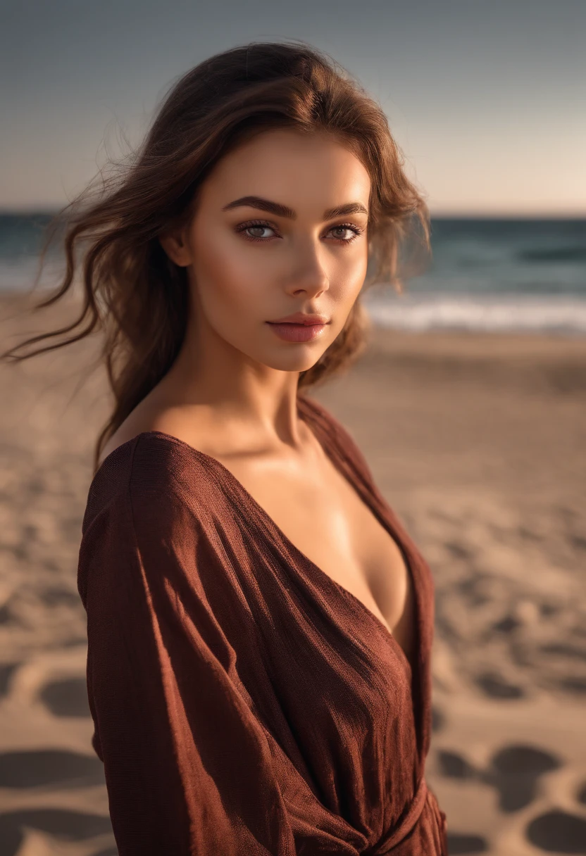 arafed woman fully , sexy girl with brown eyes, ultra realistic, meticulously detailed, portrait sophie mudd, brown hair and large eyes, selfie of a young woman, dubai eyes, violet myers, without makeup, natural makeup, looking directly at the camera, face with artgram, subtle makeup, stunning full body shot kneeling on the sand, in the beach, medium to large size bust