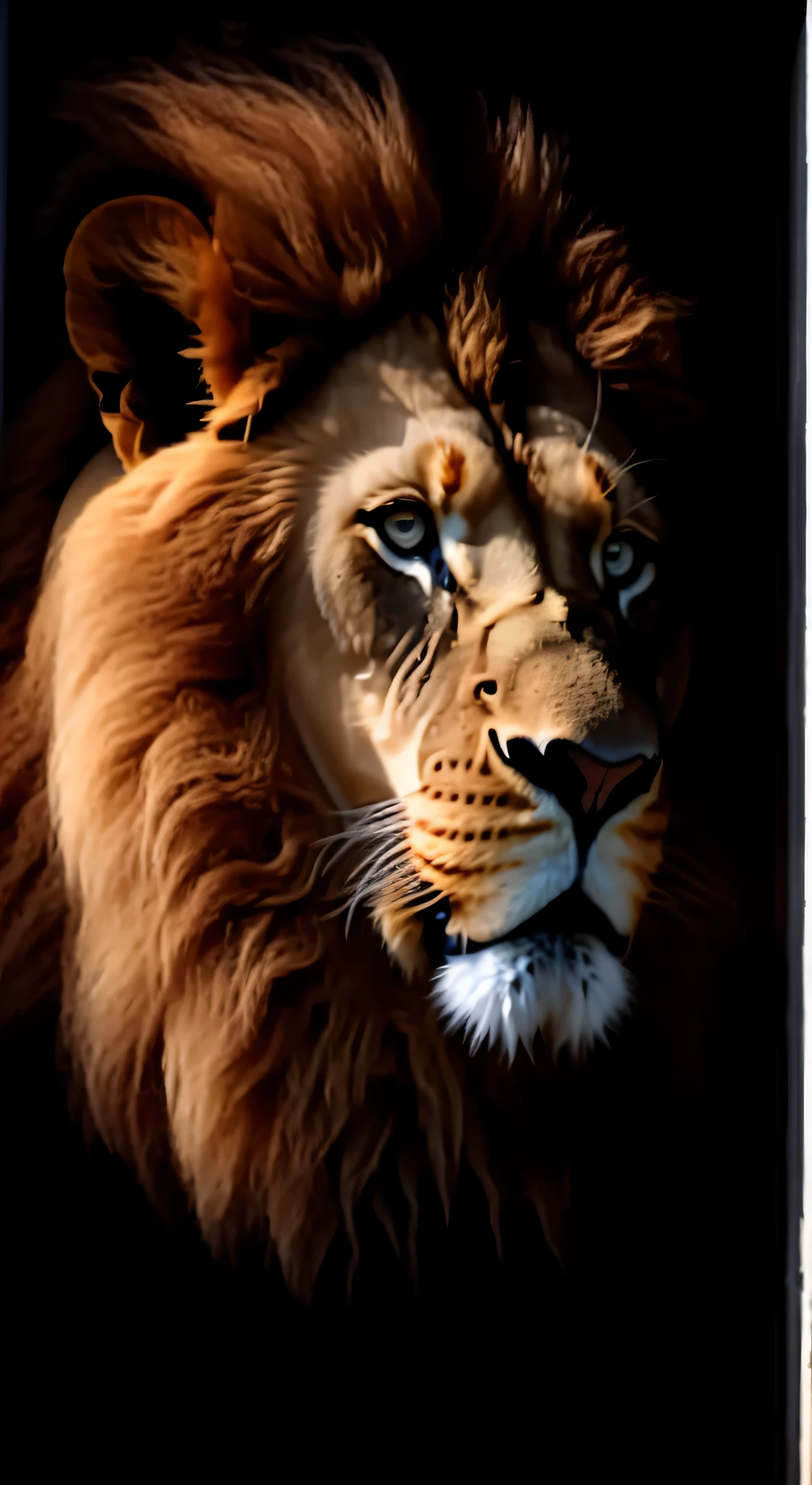 a closeup of a lion with blue eyes on a black background, foto de perfil, with the mane of a lion, Aslan the Lion, foto de perfil, 2 d full body lion, face of an lion, the mane of a lion, Rei da selva, half lion, Lion, lion warrior, Directed by: Derek Zabrocki, Senhor da Selva, Fire Lion