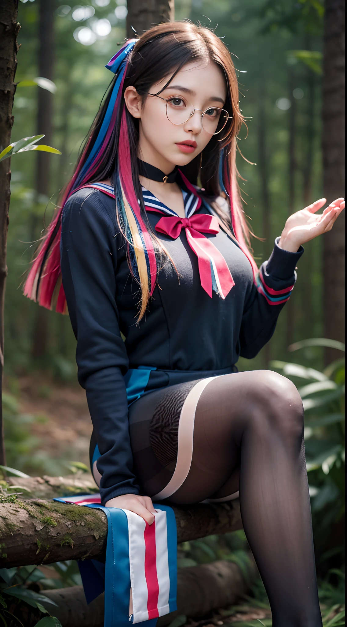 (full bodyesbian:1.5)，(((1girll)):1.3),(view the viewer:1.4)，((??????? correct):1.45),((Sitting in the forest):1.2),(He wears big glasses，holding a book in his hands:1.15),(Shy:1.15)，(Use a variety of colors sailor dresses with ribbons:1.2),((((streaked))) ,(Pantyhose):1.3),( Female uniform high heeled leather shoes，With a bow:1.1)，(Accurate and perfect face:1.3),(Blue-eyed blonde:1.2)，hyper HD, Ray traching, reflective light， structurally correct, Award-Awarded, High detail, Fade shadow contrast, Face lighting ，Cinematic lighting, Masterpiece, super detailing, High quality, High detail, Best quality, 16k，High contrast,