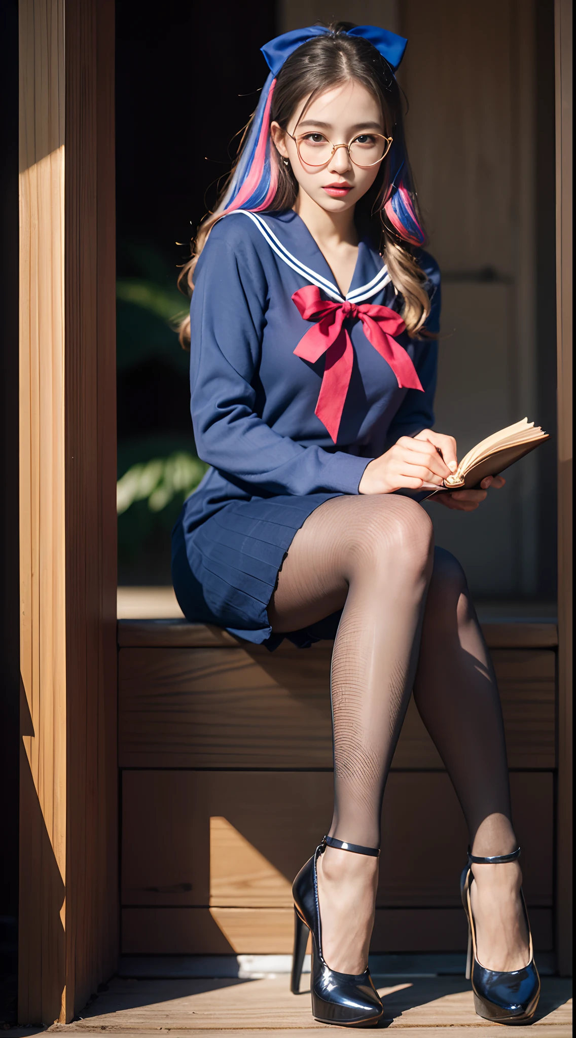 (full body:1.5),(((1girl)):1.3),(view the viewer:1.4),((anatomy correct):1.45),(Sitting on a turtle:1.2),(He wears large glasses and holds a book in his hand:1.15),(shy:1.15),(Playful Sailor dress with ribbons:1.2),(Tan Pantyhose:1.3),( Uniform high heels leather shoes with bows for female students:1.1),(Accurate and perfect face:1.3),(Blue-eyed blonde:1.2),hyper HD, Ray traching, reflective light, structurally correct, Award-Awarded, high detail, lighten shade contrast, Face lighting ,cinematic lighting, masterpiece, super detailing, high quality, high detail, best quality, 16k,High contrast,