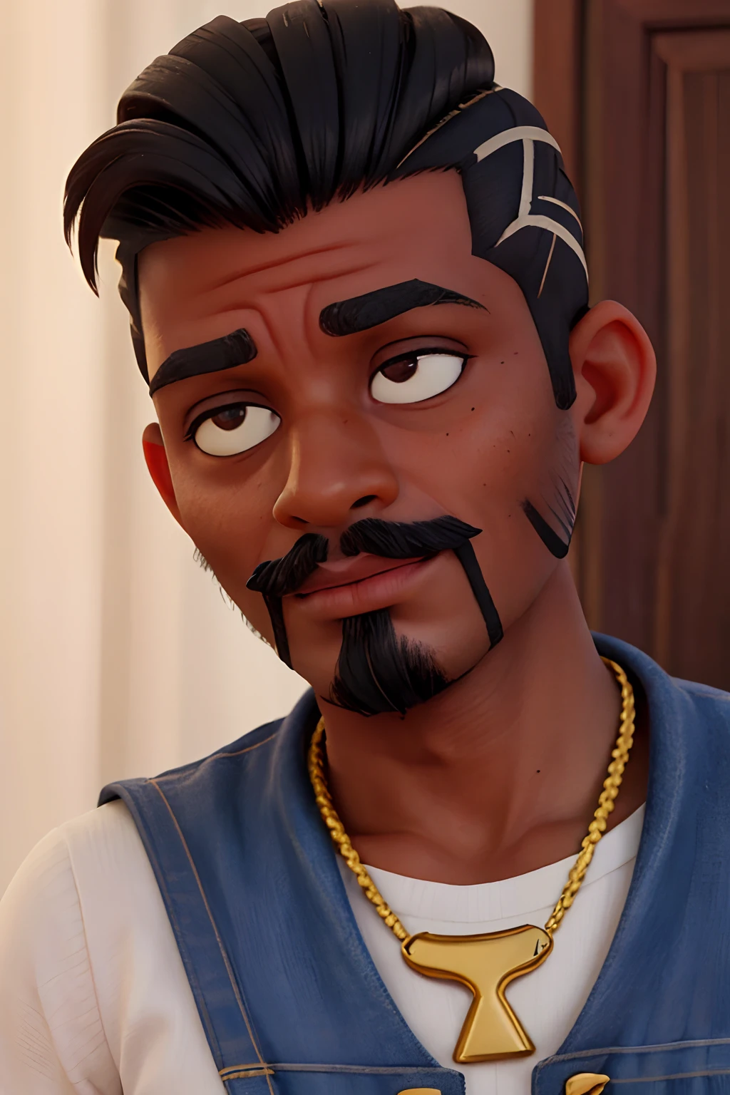 crie um homem de pele negra, olhos bem puxados, Straight hair undercut slicked back, fleshy lips, com pouco bigode e pouca barba somente no queixo, sobrancelha curta e fina, tem entorno de 22 anos de idade, Brazilian of African and indigenous ethnicity