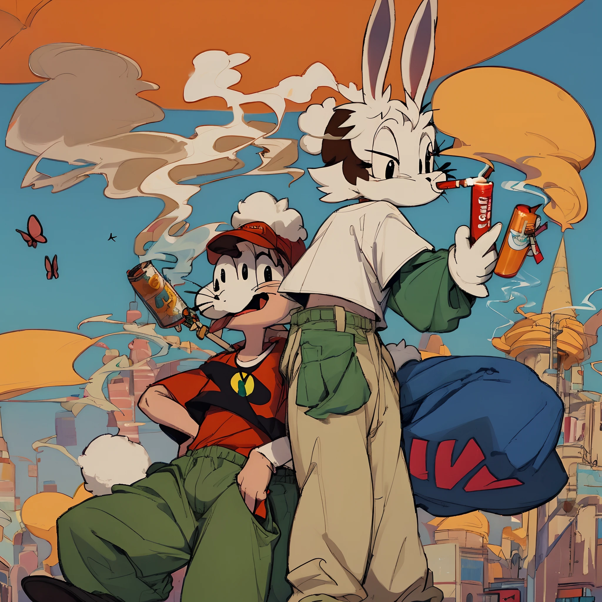 Bugs bunny wearing baggy pants and a shirt and smoking a big joint