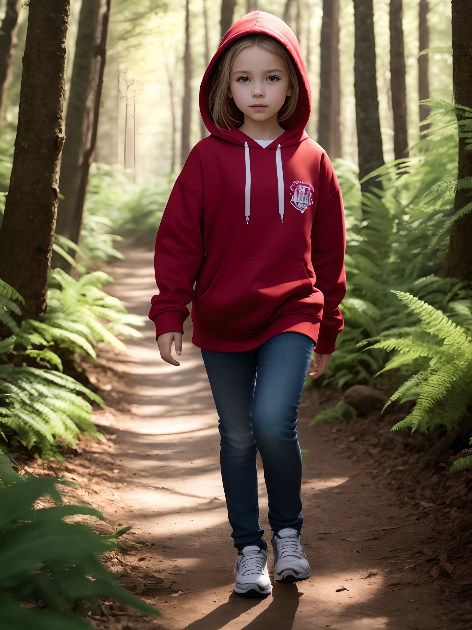 4K superior image resolution of a very beautiful  girl, blonde in a red hoodie with blue eyes, walking in a very beautiful forest, ultra detailed, ultra realistic shadows