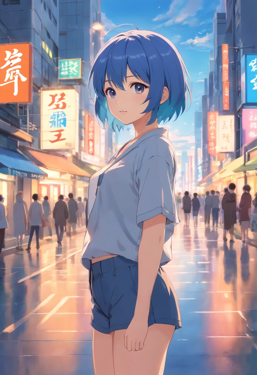 The best quality, high-resolution, مفصلة 4K CG, 巨作, Amazing art, delicate details, highly detail, complex details, Short blue hair, Girly feeling, Pure desire, lovely, Young and beautiful,Beauty with pubic hair,Navel exposing,Shy girl,small chest,Semi-nude clothes