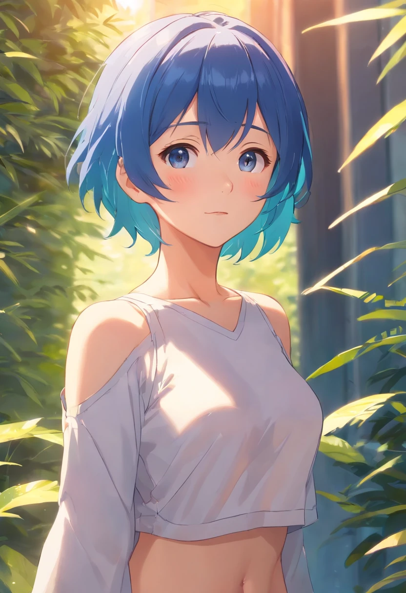 ((In the grass, a very cute woman wears a very short white silk miniskirt.) ((Wearing a white silk open shirt: 1.6.) 40k, photography, masterpiece, best quality, ((1 girl with blue eyes and gorgeous sky blue hair, she wears glasses on a beautiful face ,)), big ass full breasts until waiting to be dressed, sexy seductive pose. ((:1.4)), super detailed face, detailed eyes.