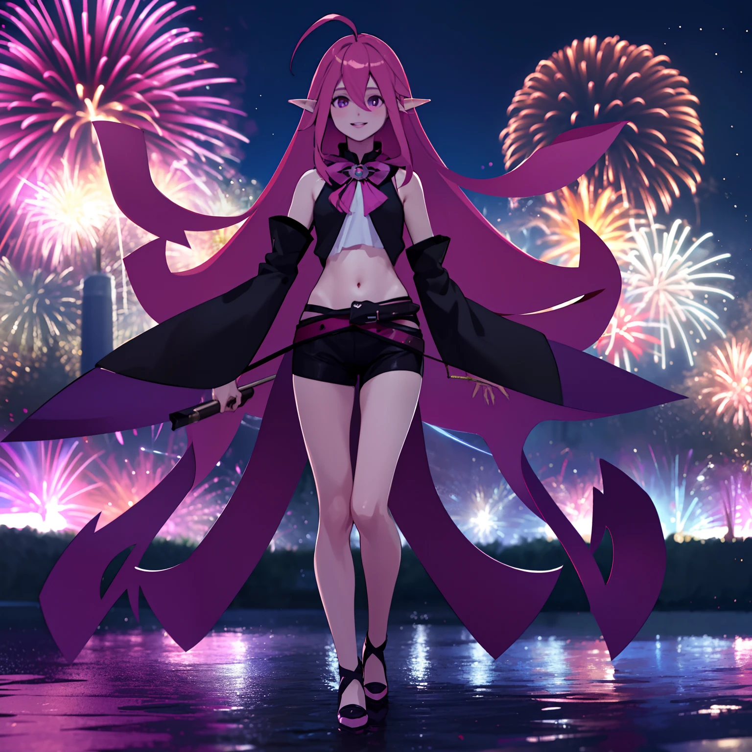 Keera, 1girl, pink hair, hair spread out, hair between eyes, very long hair, bowtie, parted lips, pointy ear, purple eyes, sleeves past wrists, black sleeves, black shorts, belt, detached sleeves, ahoge, heart necklace, navel, smile, looking at viewer, lily \(flower\),(fireworks),(aerial fireworks),firework background,(night),shrine,lake, light reflection \(water\), standing, from below,solo, long_hair, shirt, dress, high_heels,full_body, look_at_viewer, (8k, RAW photo, best quality, masterpiece:1.2), (realistic, photo-realistic:1.37), professional lighting, photon mapping, radiosity, physically-based rendering,