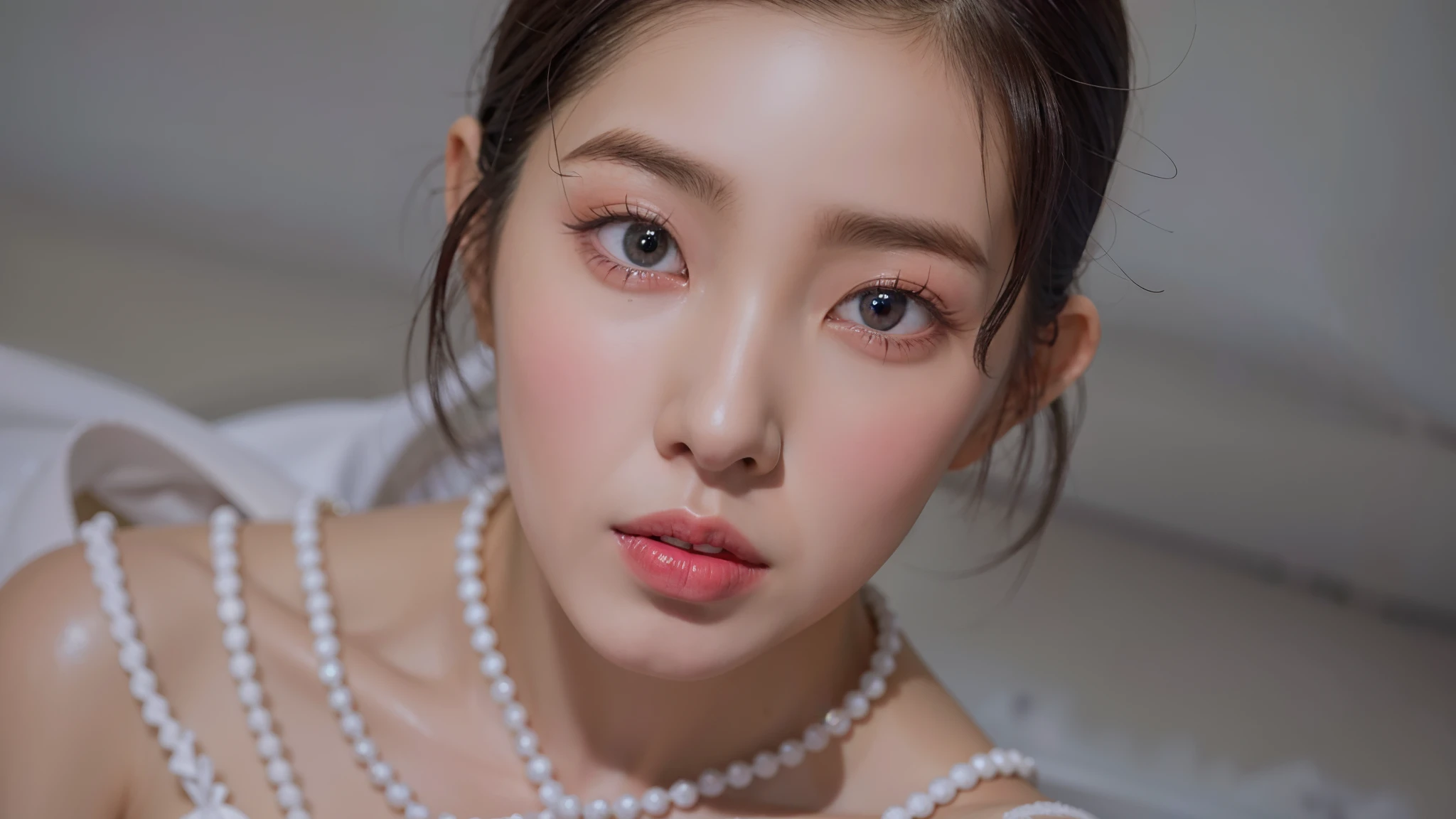 Un primer plano de una mujer con un vestido blanco y un collar de perlas, maquillaje popular de Corea del Sur, maquillaje coreano popular, Kim Doyoung, beautiful pale makeup, Retrato suave disparado 8K, Ojos azul pastel, Dreamy eyes, Jaeyeon Nam, maquillaje ligero, ulzzang, Cara delicada y encantadora, ojos blancos detallados, ojos profundos y encantadores, piel blanca y ojos reflectantes