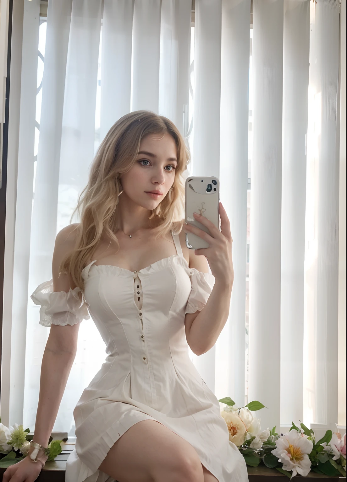 Mulher loira no vestido branco tirando uma selfie na frente da janela, linda Delphine, Retrato de Kim Petras, com longos cabelos loiros, Amouranth, longos cabelos brancos e franja, jovem Amouranth bonito, Lalisa Manobal, branco hime corte penteado, pale skin curly blond hair, with pale skin, com cabelos loiros muito longos