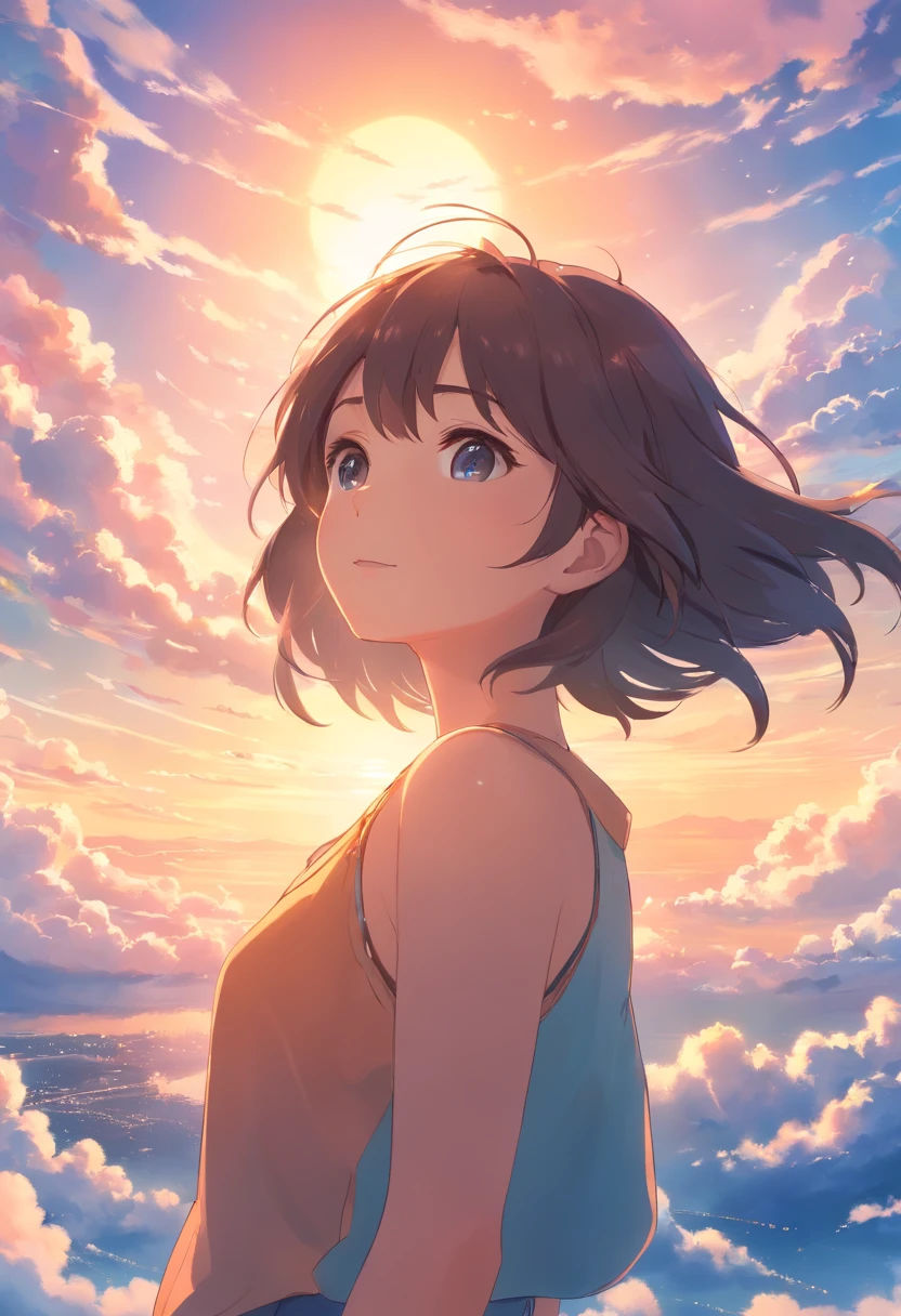 masterpiece, best quality, movie still, 1girl, cloud girl, floating in the sky, close-up, bright, happy, warm soft lighting, sunset, (sparks:0.7)