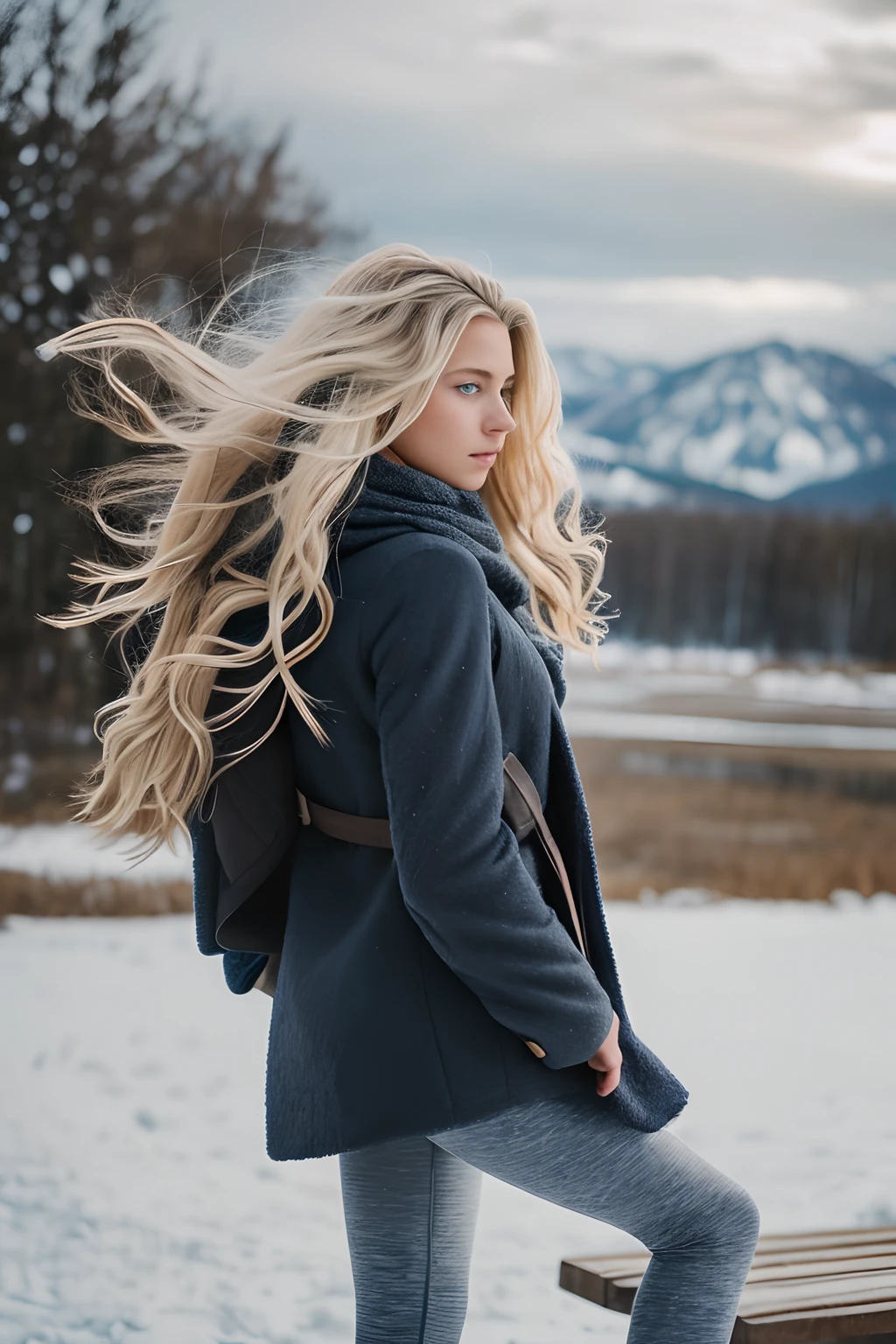 ((1girl in, age19, Solo, Long wavy blond hair, messy wind blown hair, blondehair, (dark blue eyes), Colossal tits, full body shot, (textured skin, skin pores:1.1))), imperfect skin, goosebumps, in a town park, wood bench, (snowy mountains: 1.8), (extremely detailed 8k wallpaper), soft lighting, high quality, film grain, Fujifilm XT3 sharp focus, f 2.6, 135mm, High Detail, Sharp focus,(natural light), (seductive), Realistic, ultra realistic, photo realistic, crazy details, complex details, hyper detailed, (she is wearing a black winter jacket: 1.5), fuzzy jacket lining, (wearing a scarf & white leggings: 1.1)