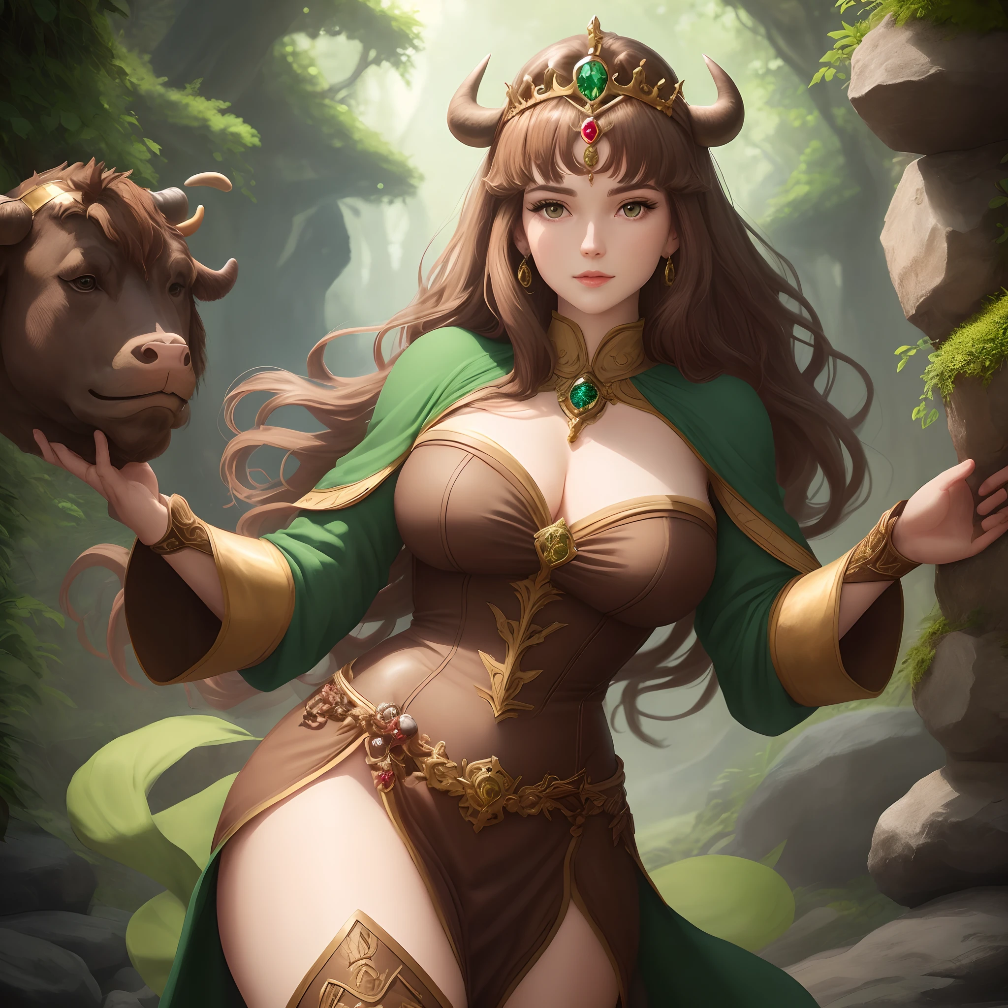 Female heroine with long, flowing, chestnut-brown hair and deep, thoughtful eyes. She has a sturdy and dependable build, radiating calm and stability. dons a verdant green and earthy brown suit adorned with natural textures, resembling the Earth itself. She wears a tiara with a prominent bull emblem. Wields a massive, enchanted staff made of wood and adorned with gemstones. She can command the earth and plants, manipulating them to create protective barriers and launch powerful attacks.