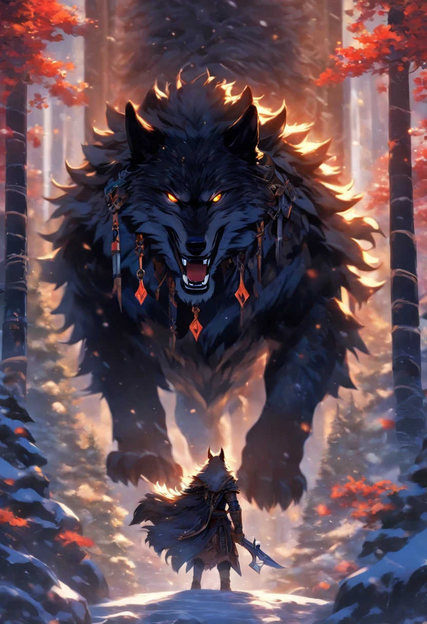 the best quality, very high resolution, 4K detailed CG, masterpiece, Fenrir, Giant Wolf, ragnarok, Wolf, chains, iron gaze, snow, tall trees, asgard palace, Norse mythology, Vikings, beautiful aesthetics, beautiful image, centered on the screen