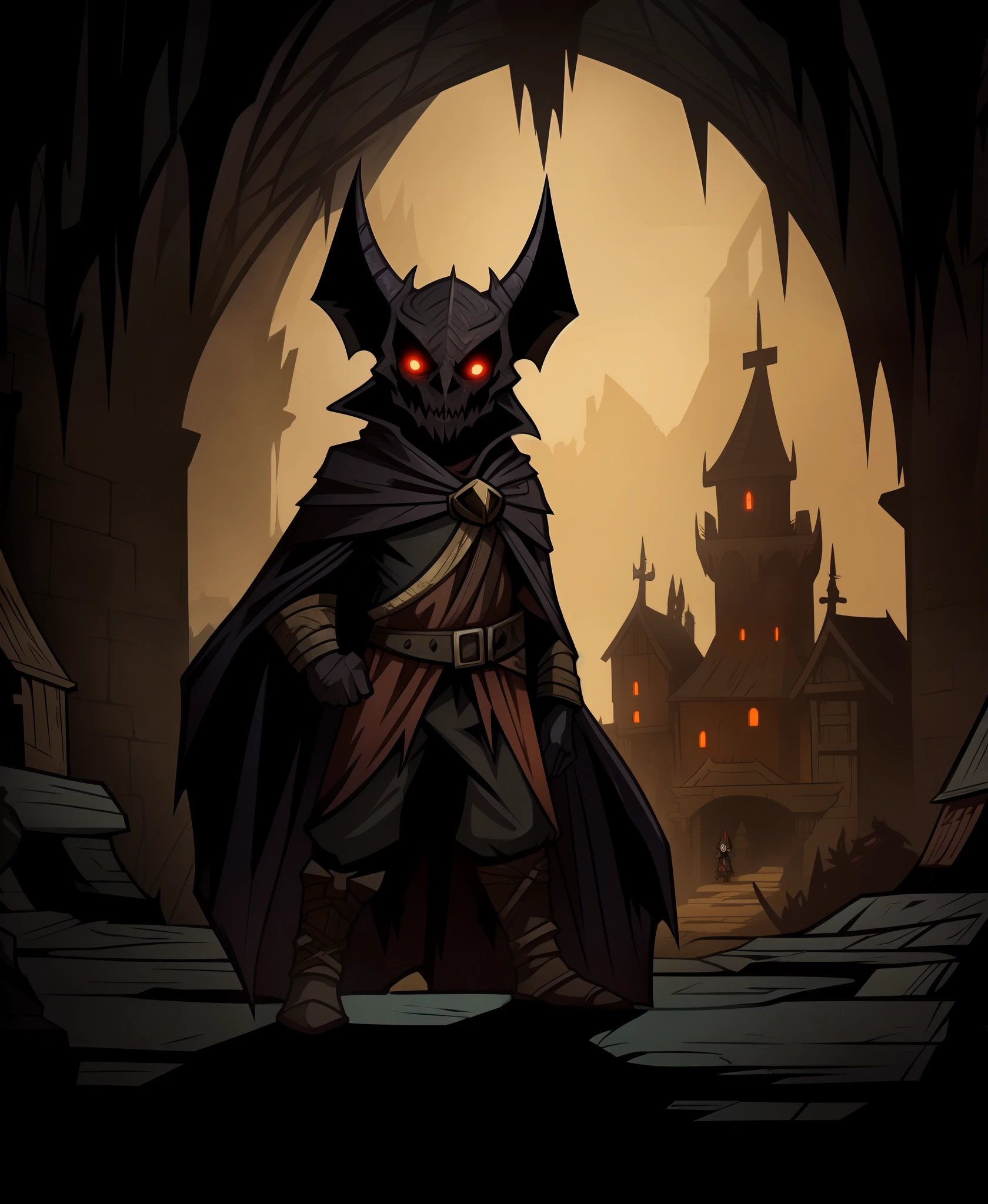 evil small adorable bat demon with golden horns, living in a cave,
2D comic illustration,
anime fantasy,
fine-inked Thick-outlines,
cel-shaded,
contour,
mysterious,
Dark,
by alphonse mucha,
Town of Salem 2,
darkest dungeon,
iratus:lord of the dead