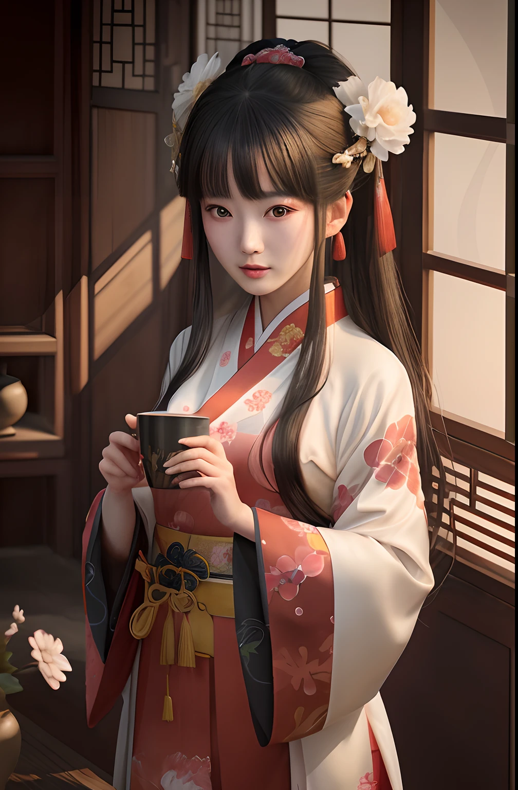 There is a woman in a kimono dress holding a cup, Palace , A girl in Hanfu, Beautiful, Japanese goddess, Wearing ancient Chinese clothes, Blushing, masterpiece, Best Quality, Super Detail