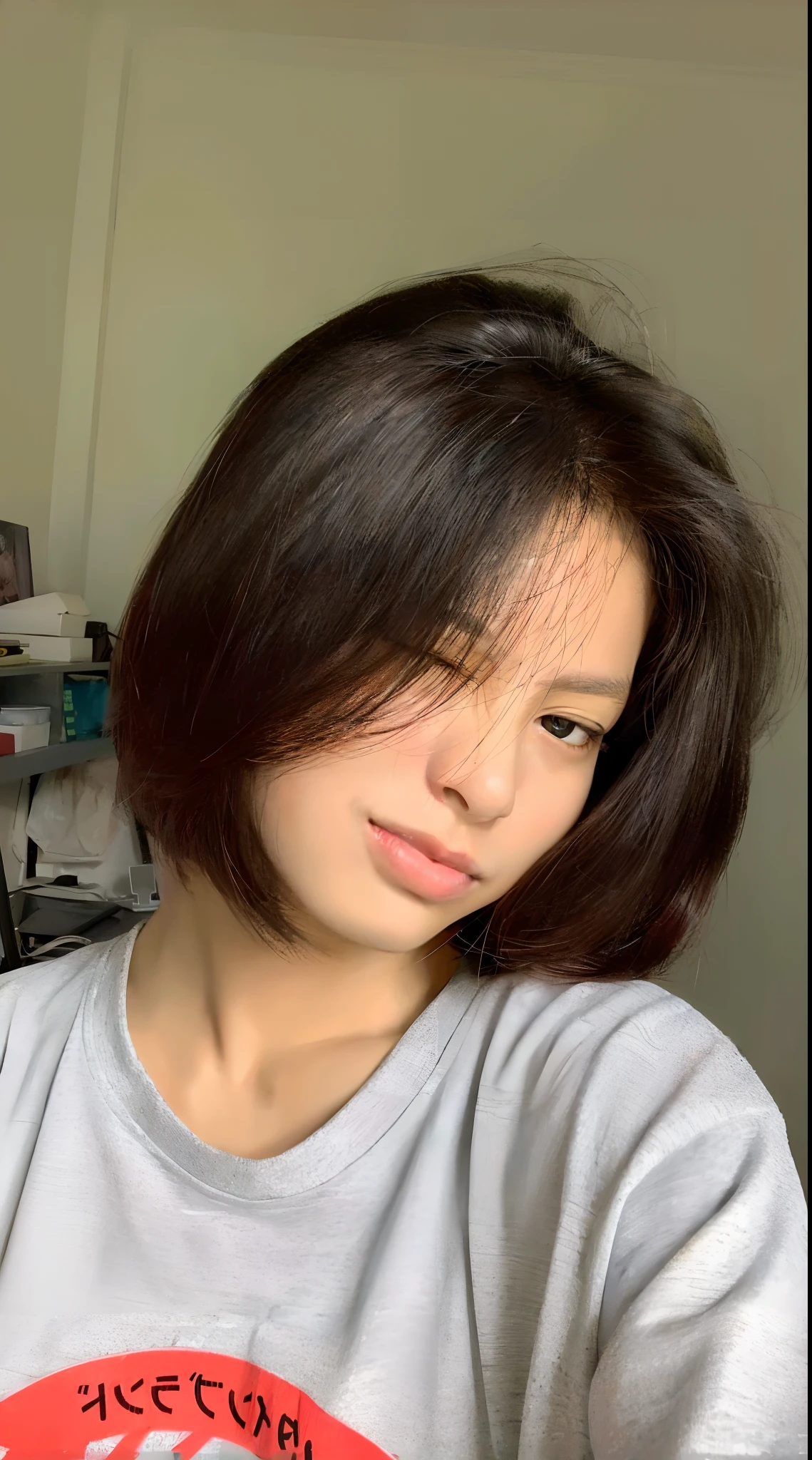 arafed asian woman with a gray shirt and a red and white shirt, with short hair, chin-length hair, bob cut hair, bob cut, with a bob cut, cindy avelino, short hair cut, short bob hair, bob haircut, short haircut, short straight hair, mai anh tran, french bob hair, natural short hair, brown bob haircut