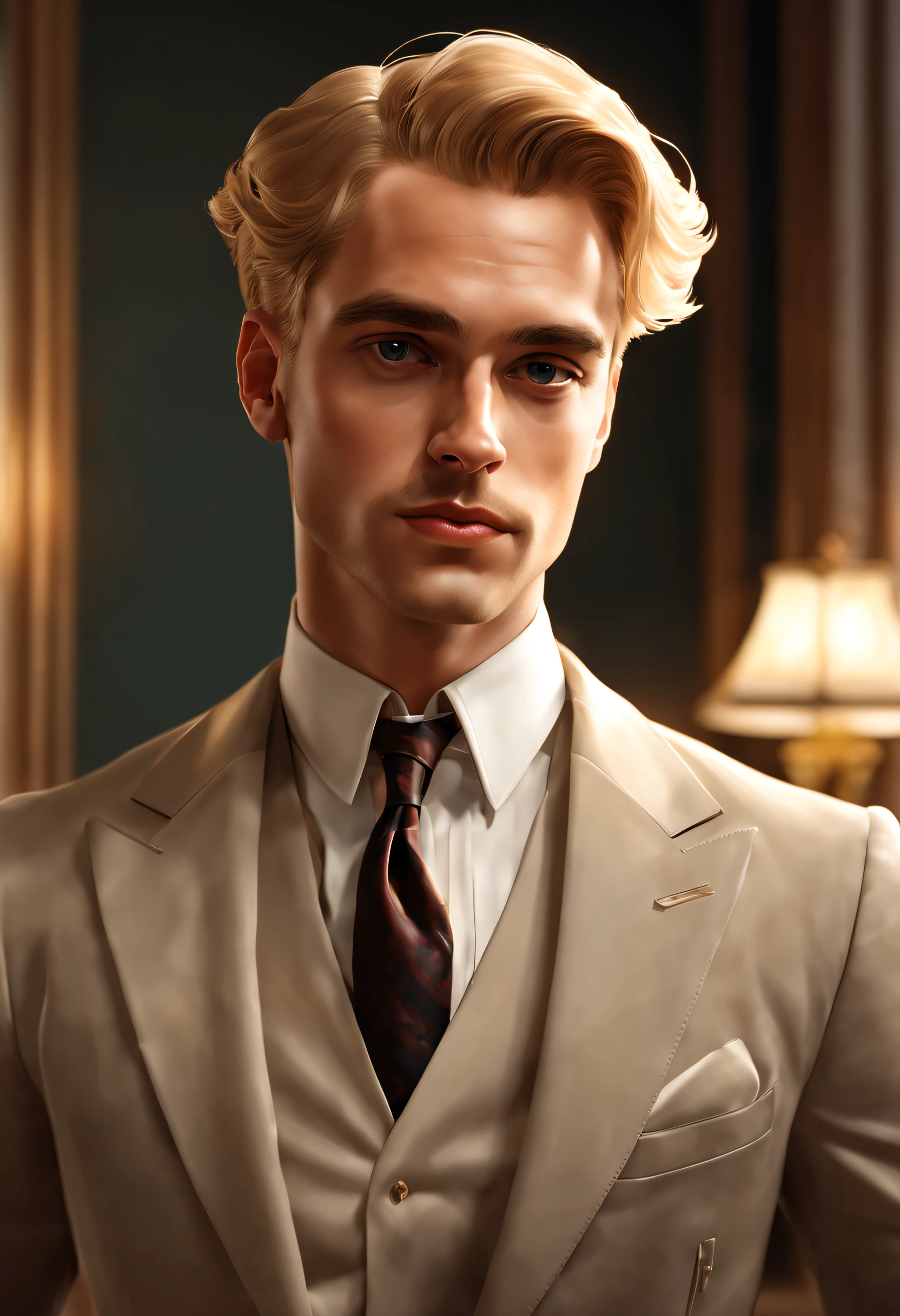 8k, John Singer Sargent style cartoon illustration, 1man, Gatsby, young handsome man, blond hair, suit, indoor, close up, closeup