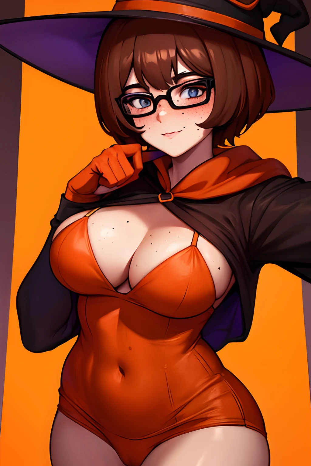 Velma, halloween night, sexy witch costume, witch hat, halloween night background, halloween street, thicc, Velma, brown hair, freckles, detailed, intricate,