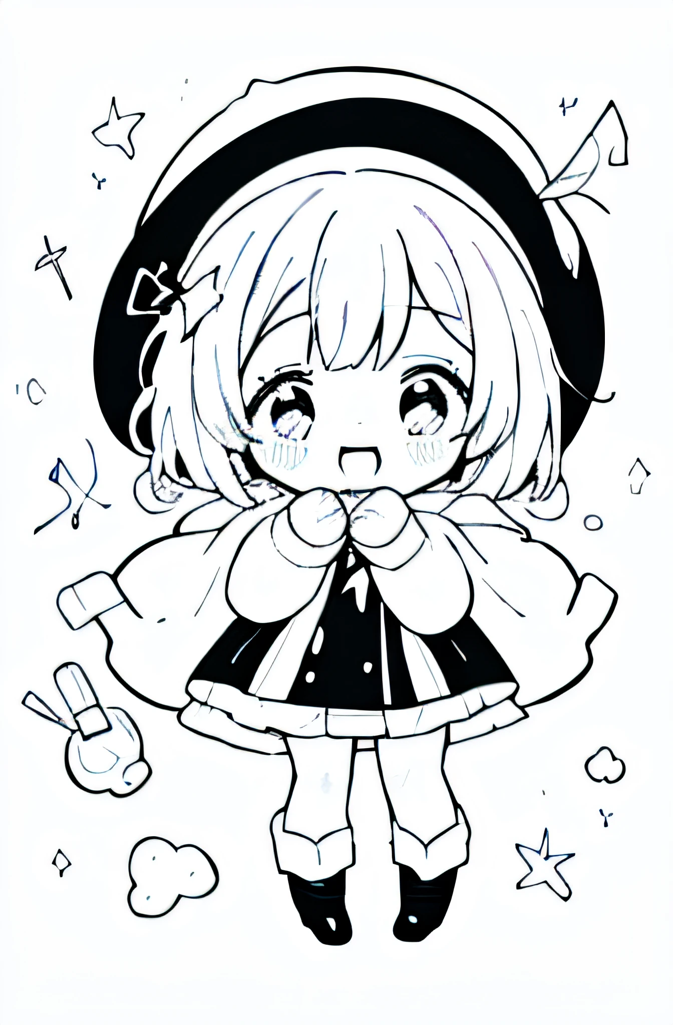 sketch,((((coloring book,monochromes,linear art,White Only)))),High contrast; witch girl in winter magic hat,(Has twin tails),Wearing a winter dress robe;((masutepiece)),((High quality)),((detaileds)),((8K Wallpaper)); embarrassed;From above,Full body,Dynamic Angle,Posing;round (removed) Eyes;Wind,snow particles;((1girl in)),((Chibi)),((Short hair)),Twin tail,Winter dress robes,Magic Hat,hair pin,bow ribbon,Twin tail,sox,long boots;Open mouth,(lightsmile),(frilld);((Shoujo Mangacore)),((icons)),Ink Space,(((adobe illustration))),thick outline,600 Depi,pixel art