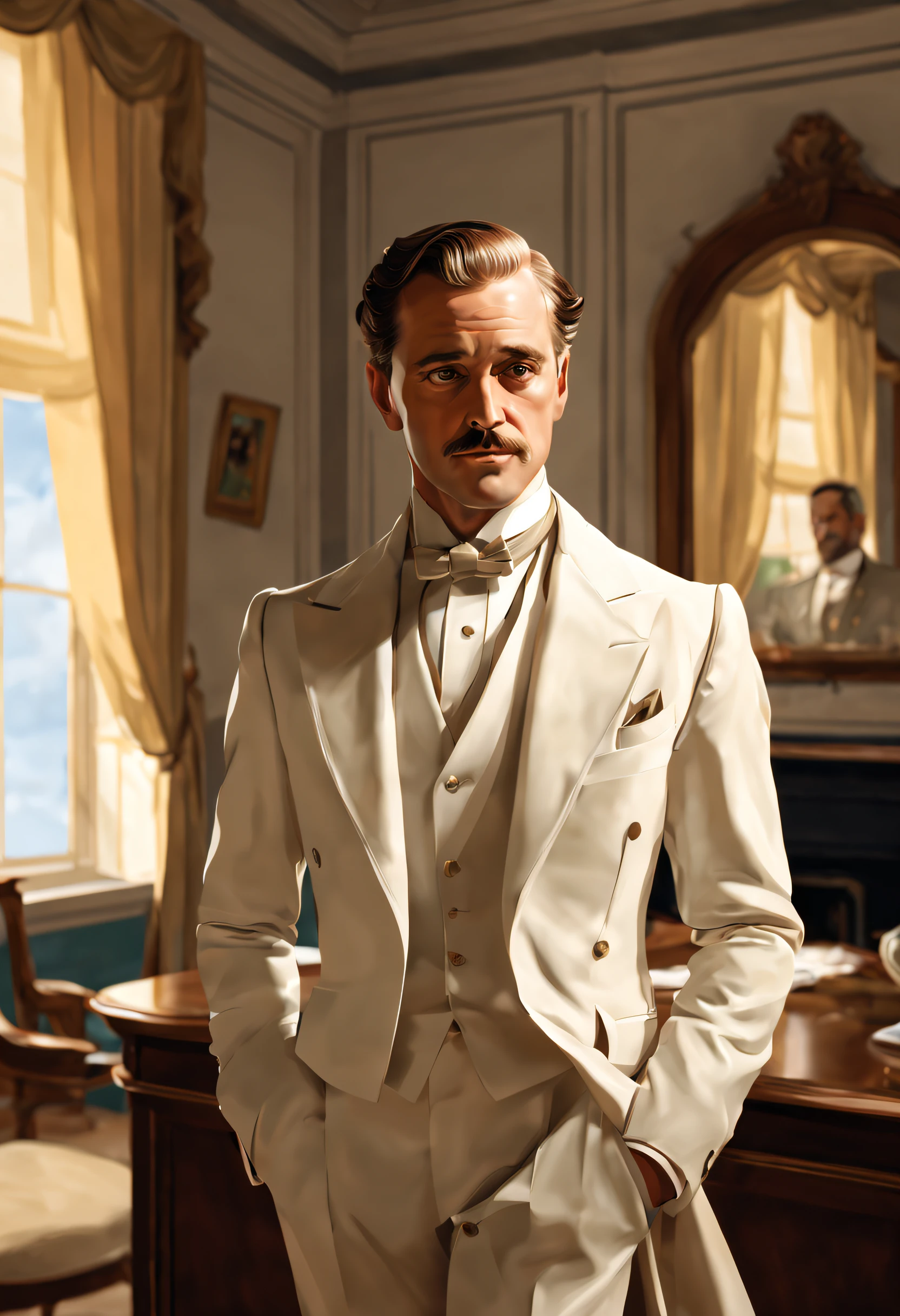 8k, John Singer Sargent style cartoon illustration, 1man, Gatsby, bust, interior