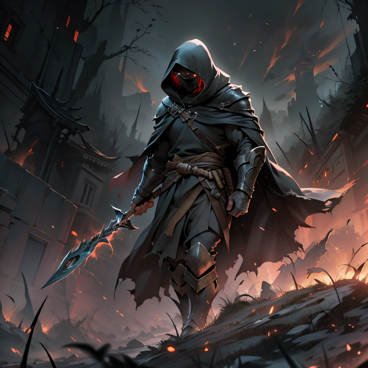 The hooded warrior silently advances towards the night battlefield, Where the darkness is broken only by the spectral glow of the lights of war. O som dos confrontos ecoa ao redor, And the hero moves with determination through the ruined landscape. Every step is cautious, pois ele se prepara para enfrentar o caos que se desenrola diante de seus olhos. hiper realista super detalhado Dynamic shot master piece cena de poster filme publicidade