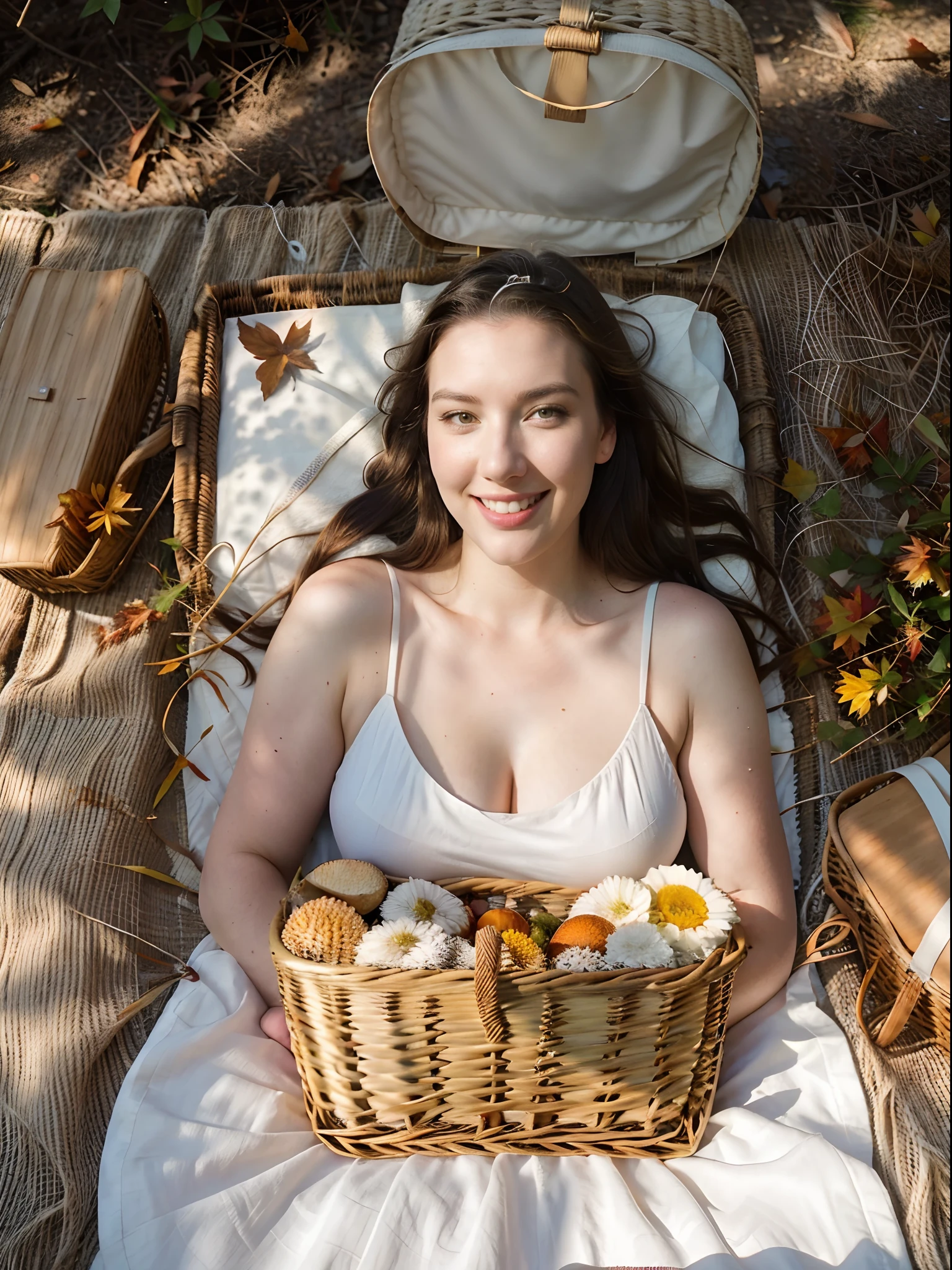 hyper-realistic photo of Angela White, 28 years old (wearing a short, loose white dress) (silky hair, loose hair) (friendly smile) (skin texture), picnic, picnic basket, bottle, nature, outdoors, trees, grass, bushes, sunny autumn day, autumn colors, analog quality, best shadow, film grain, soft shadows, high contrast, raw, instagram lut